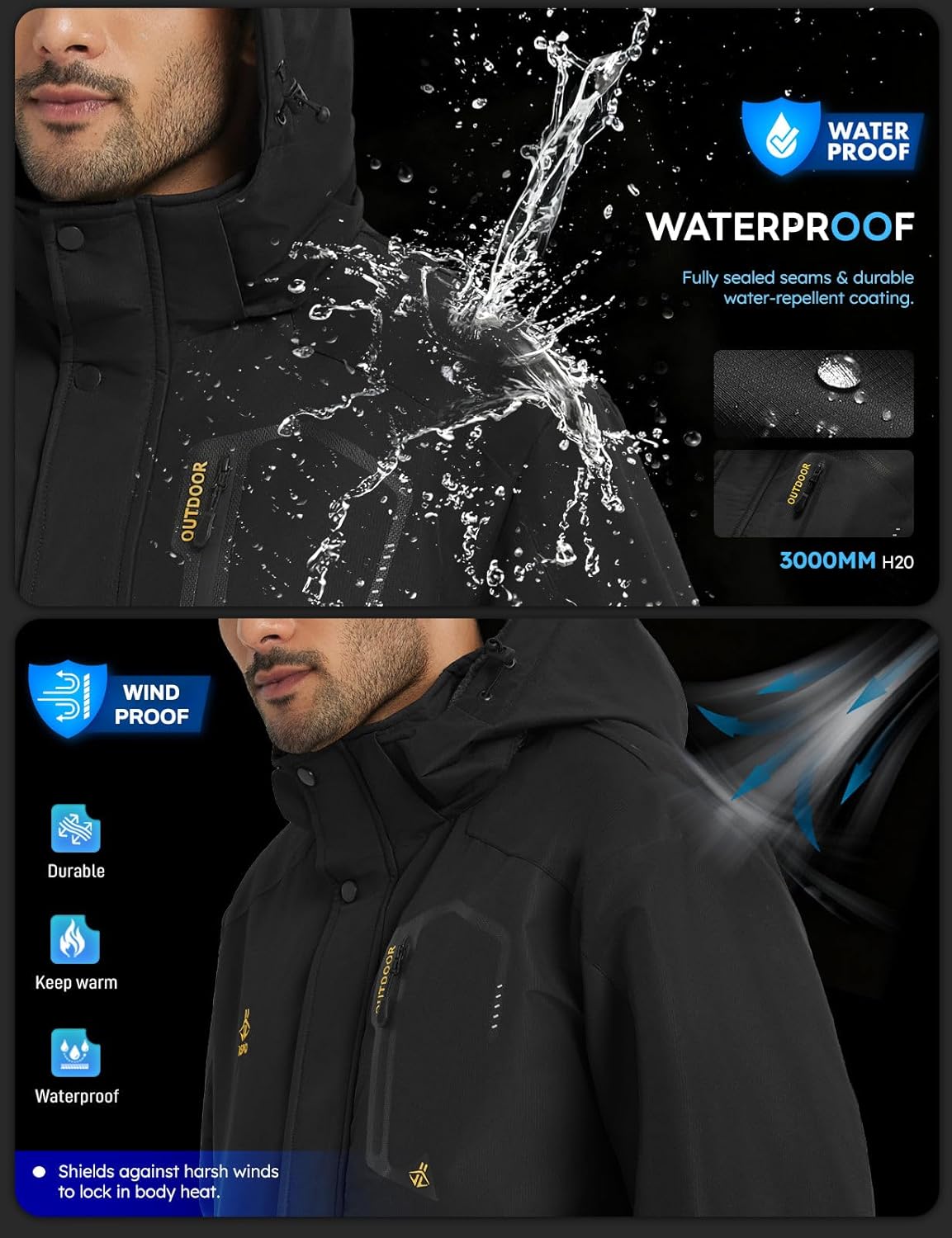 ASPO Men's Waterproof Ski Jacket Winter Warm Snow Coat Fleece lined Snowboard Hooded Mountain Windbreaker Raincoat Hiking - Image 4