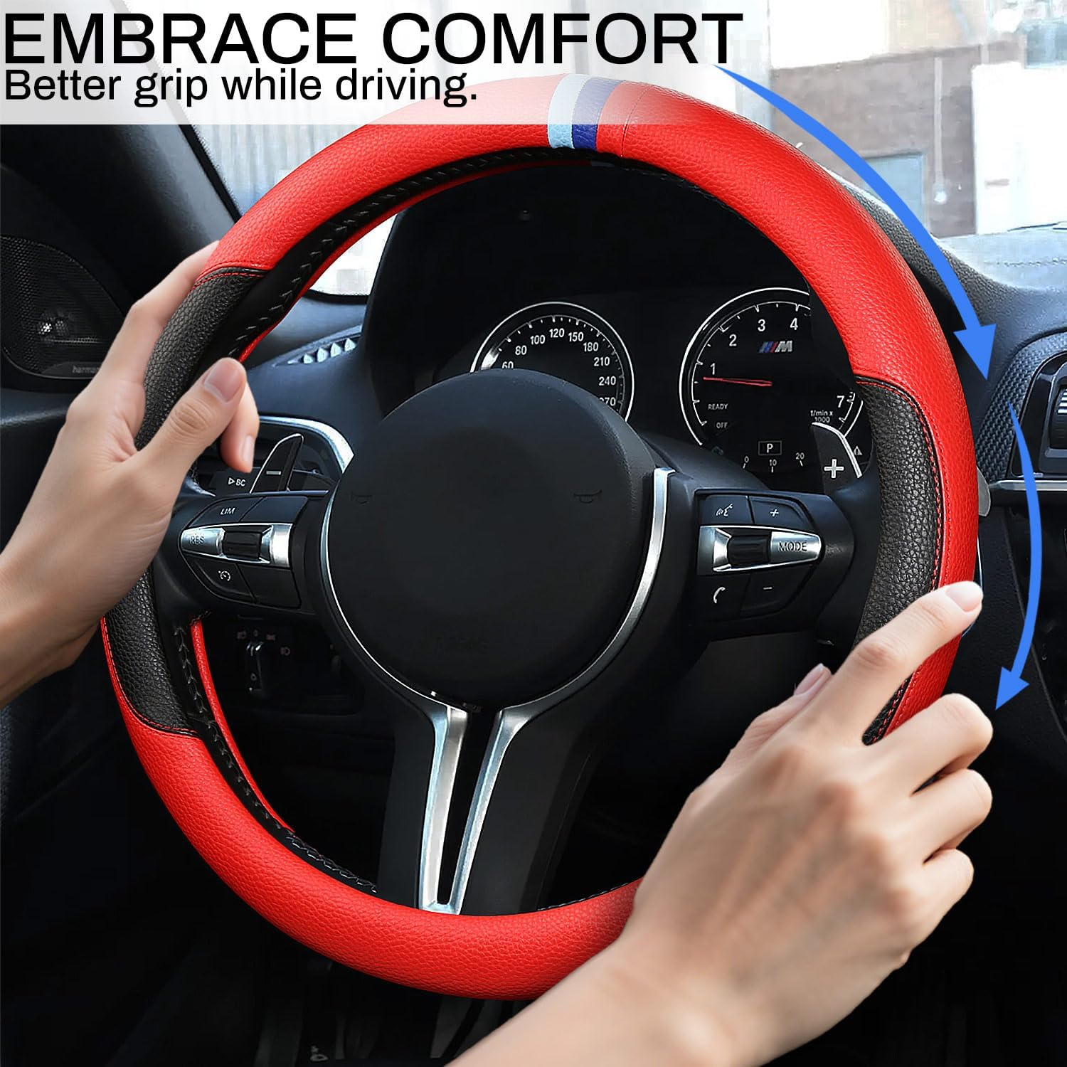 Cxtiy Steering Wheel Cover for BMW X1 X2 X3 X4 X5 X6 330i 530i 740i iX1 iX3 i4 i5 M3 M5 (Red, Standardized(14.5'-15'))