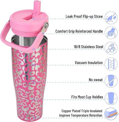 Miniatura 6 de Zukro Vaso de 50 onzas con asa superior, botella de agua de acero inoxidable aislada a prueba de fugas con popote abatible para viajes, al aire