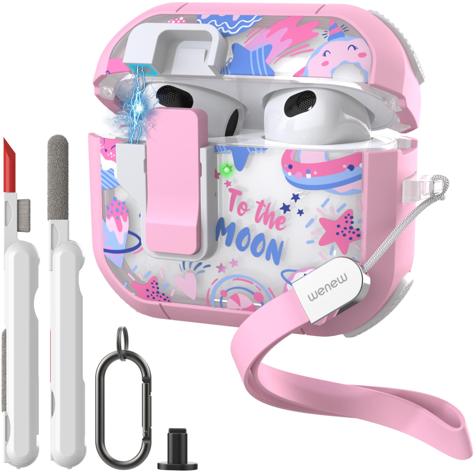 WENEW Case for AirPods 3 Case Cover Secure Lock Automatic Snap Switch Clip Cleaner Kit Lanyard Women Stylish Flower Armour Hard Shell Full Body Front LED Visible (Pink Space, AirPods 3rd)