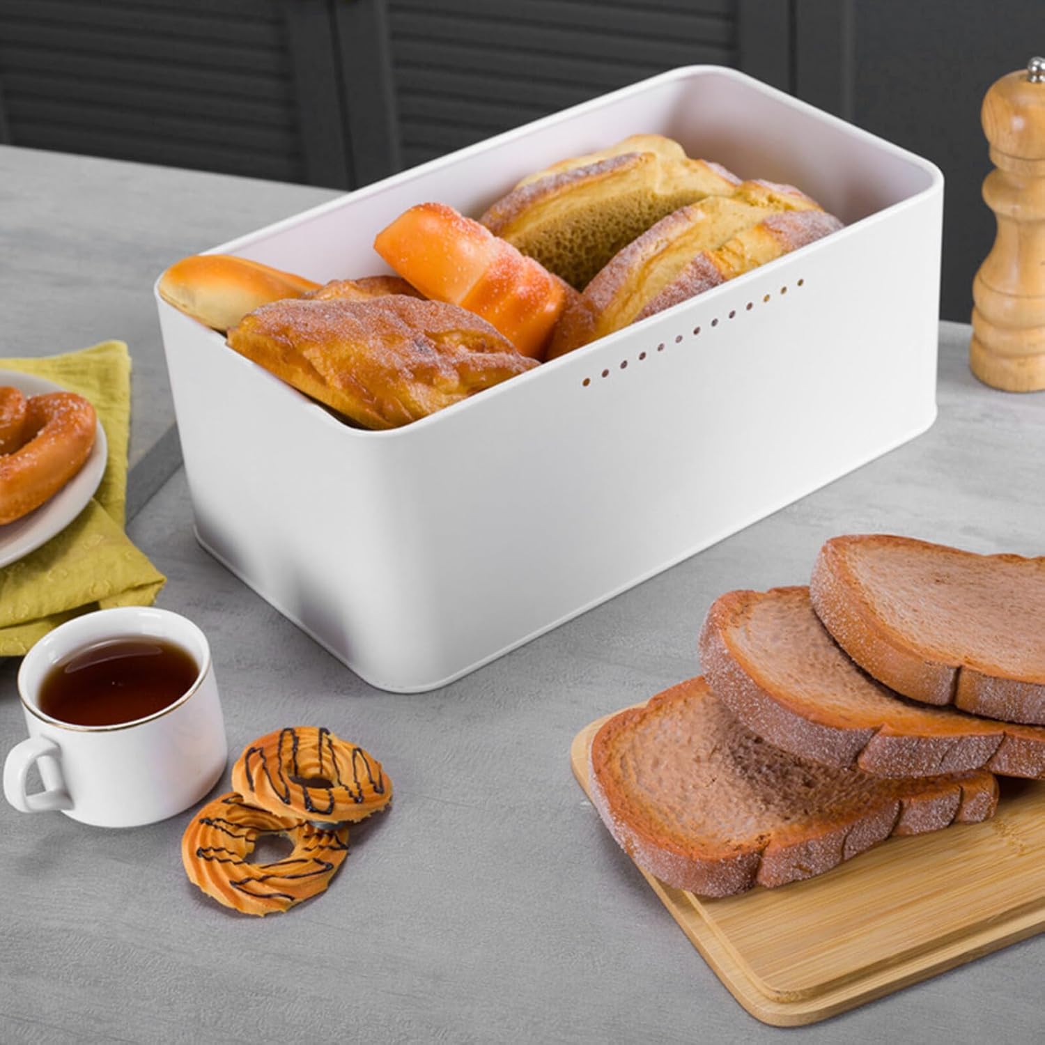 Breathable White Bread Box Kitchen Countertop Bread Storage Bin Dustproof Food Container for Household Use