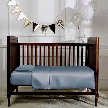 100% Mulberry Silk Crib Sheets for Baby Toddler Hair, Made in USA, Pure 22 Momme Organic Silk Boy Girl Fitted Crib Bed Sheet, Mini Crib Mattress Sheet, Soft Silk Crib Cover, Hypoallergenic Blue Grey