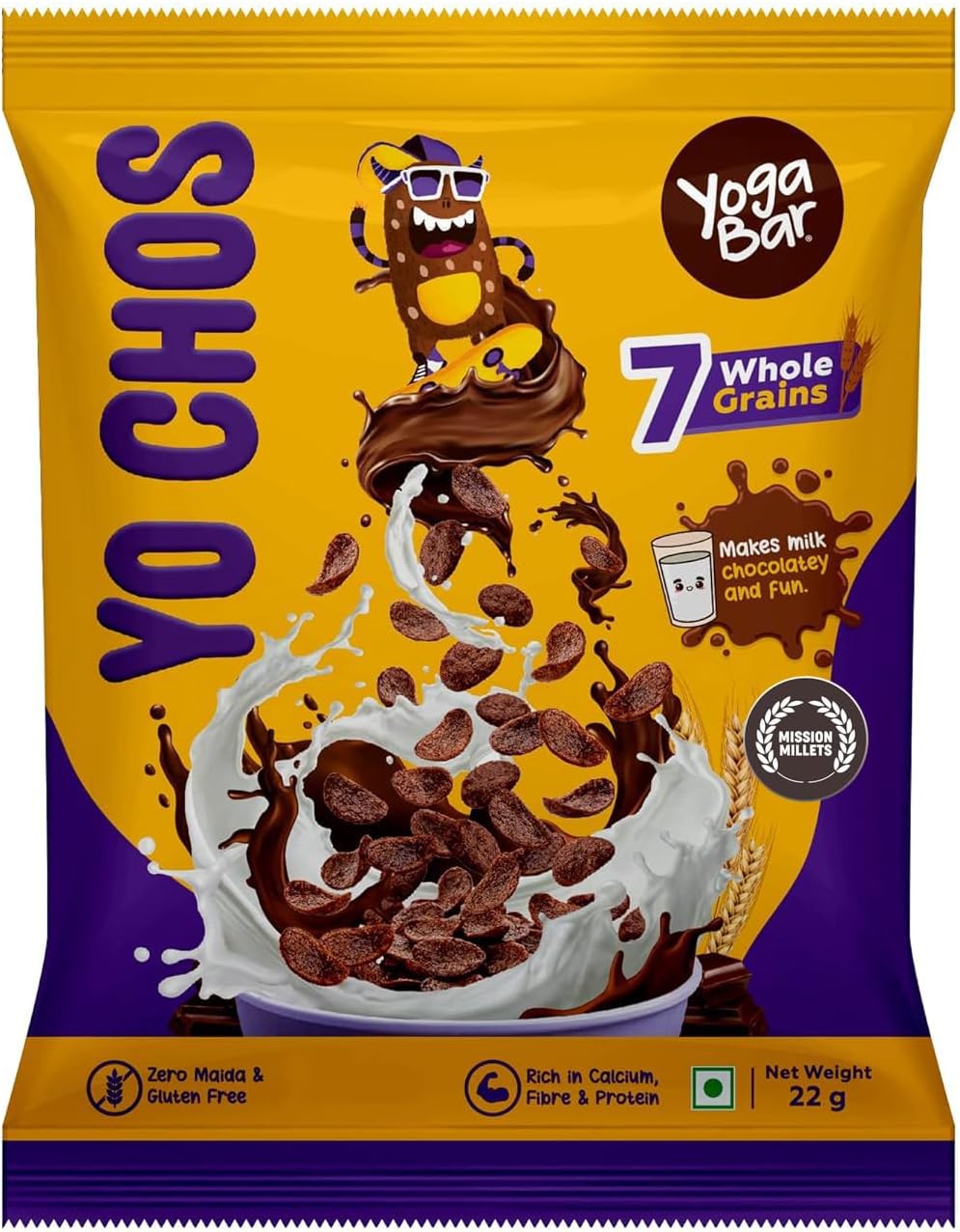 Yogabar Yo Chos Breakfast Cereals No Maida Choco for Kids - Cereal with 5 Whole Grains & 2 Dals - Gluten Free Children's Cereal for Breakfast - Healthy Food - 22 g