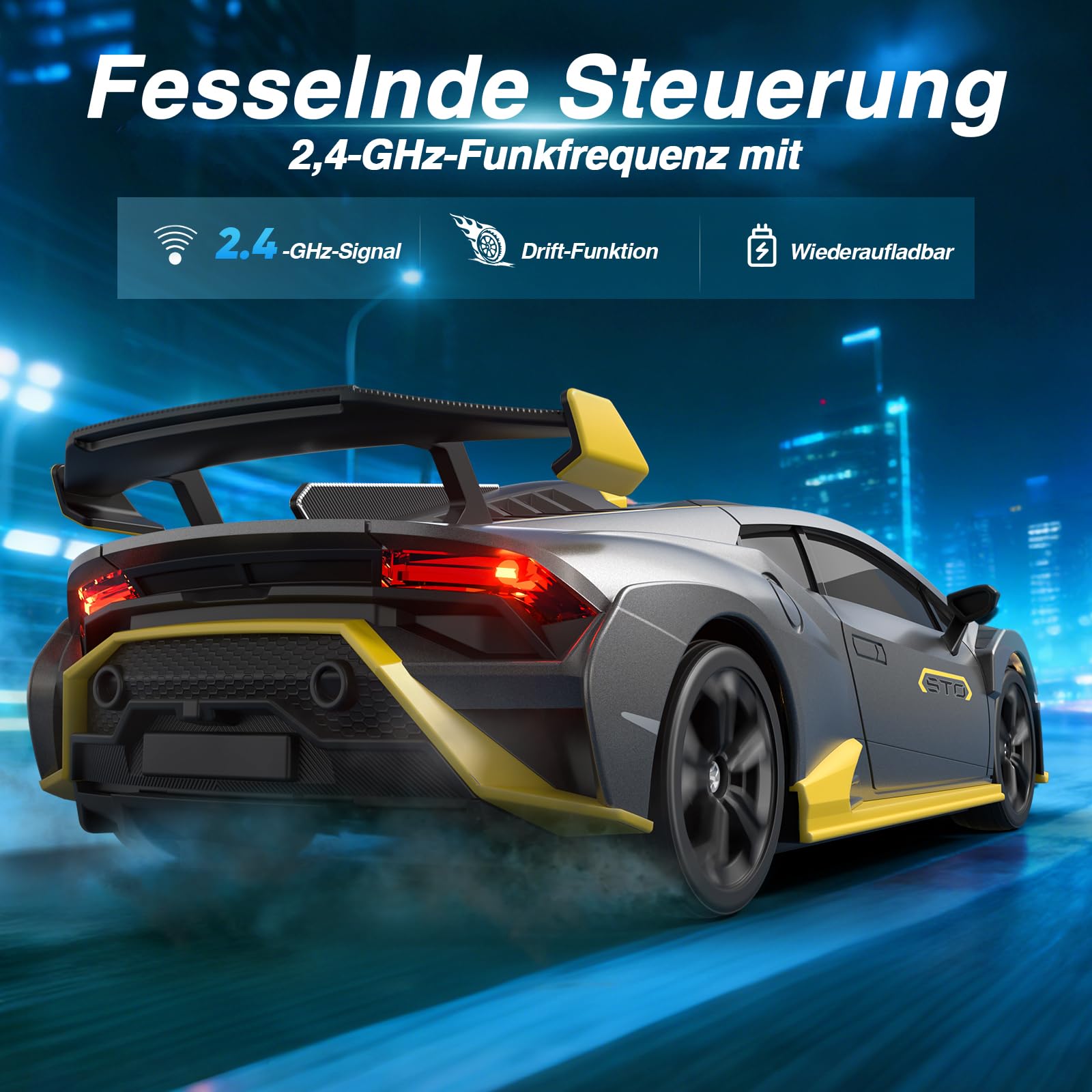 Lamborghini Ferngesteuertes Auto ab 6-12 Jahre, 1:24 RC Drift Auto 25KM/H | 4WD Vollproportionale Drosselklappe, Einstellbare Geschwindigkeit und Lenkwinkel, Spielzeug Geschenke Jungen 6 7 8 9 10 11 12