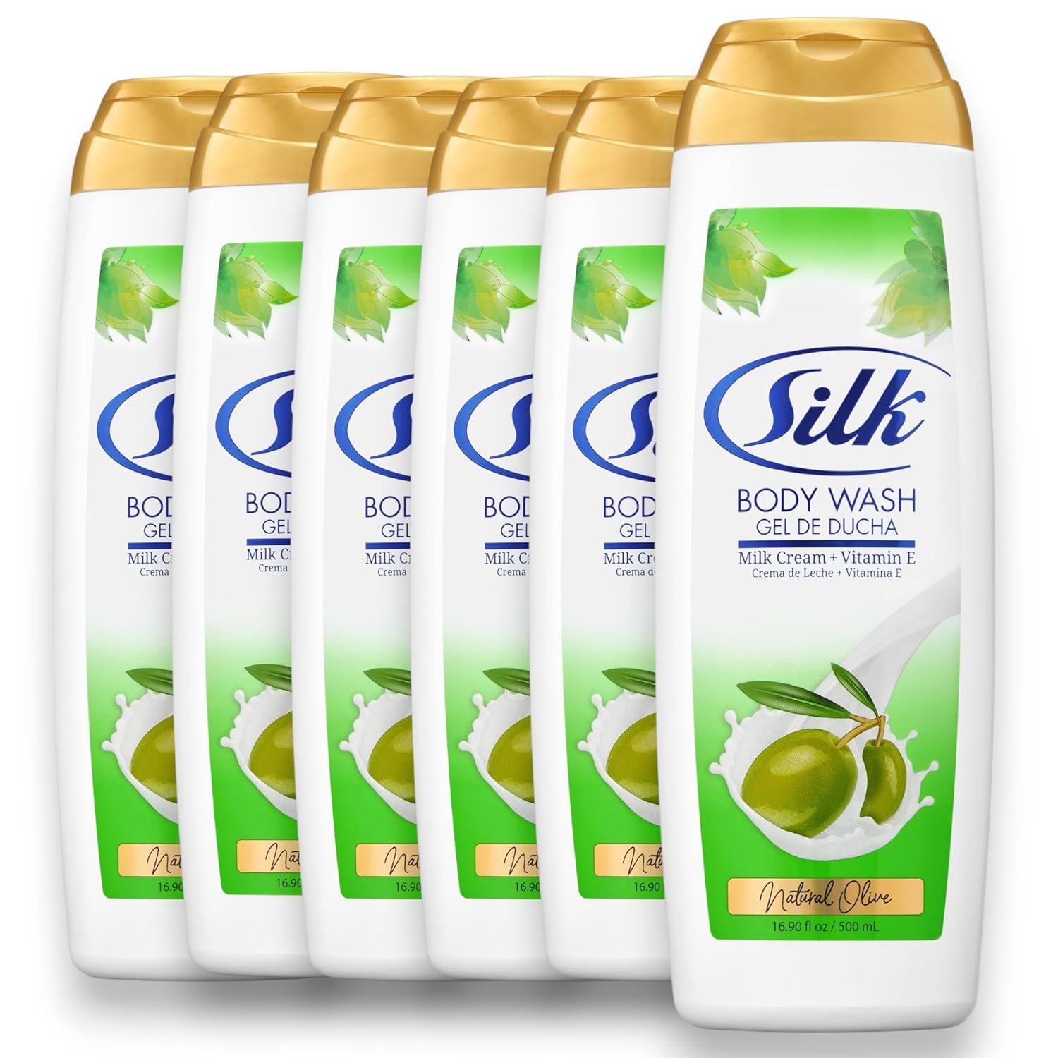 SILK Moisturizing Body Wash for Woman & Man - Daily Hydrating Shower Gel and Foaming Cleanser with Vitamin E and Glycerin, Rich Lather for Dry Skin Care, Natural Olive Scent, 16.9 Fl Oz (Pack of 6)