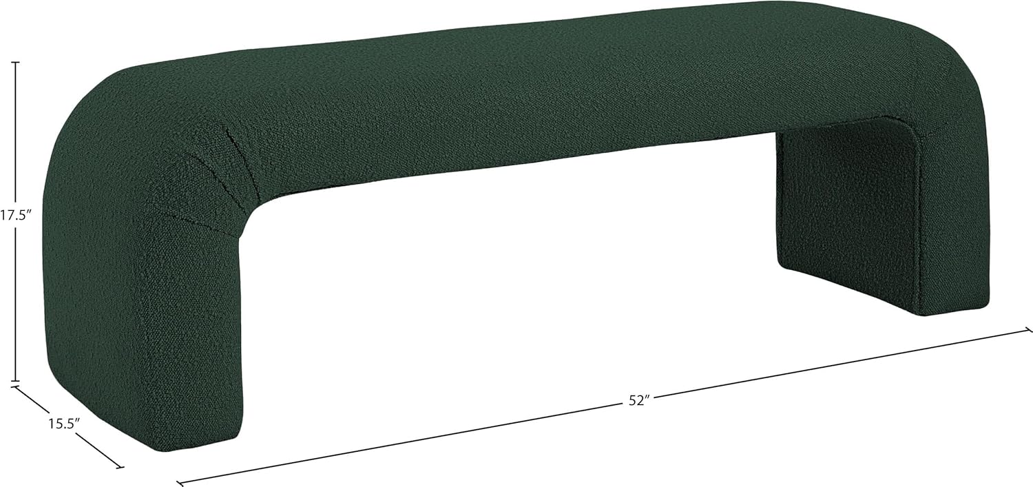 Meridian Furniture 170Green Niagara Collection Modern | Contemporary Boucle Fabric Upholstered Bench with Rich Green Boucle Fabric, Curved Contemporary Design, 52" W x 15.5" D x 17.5" H, Green