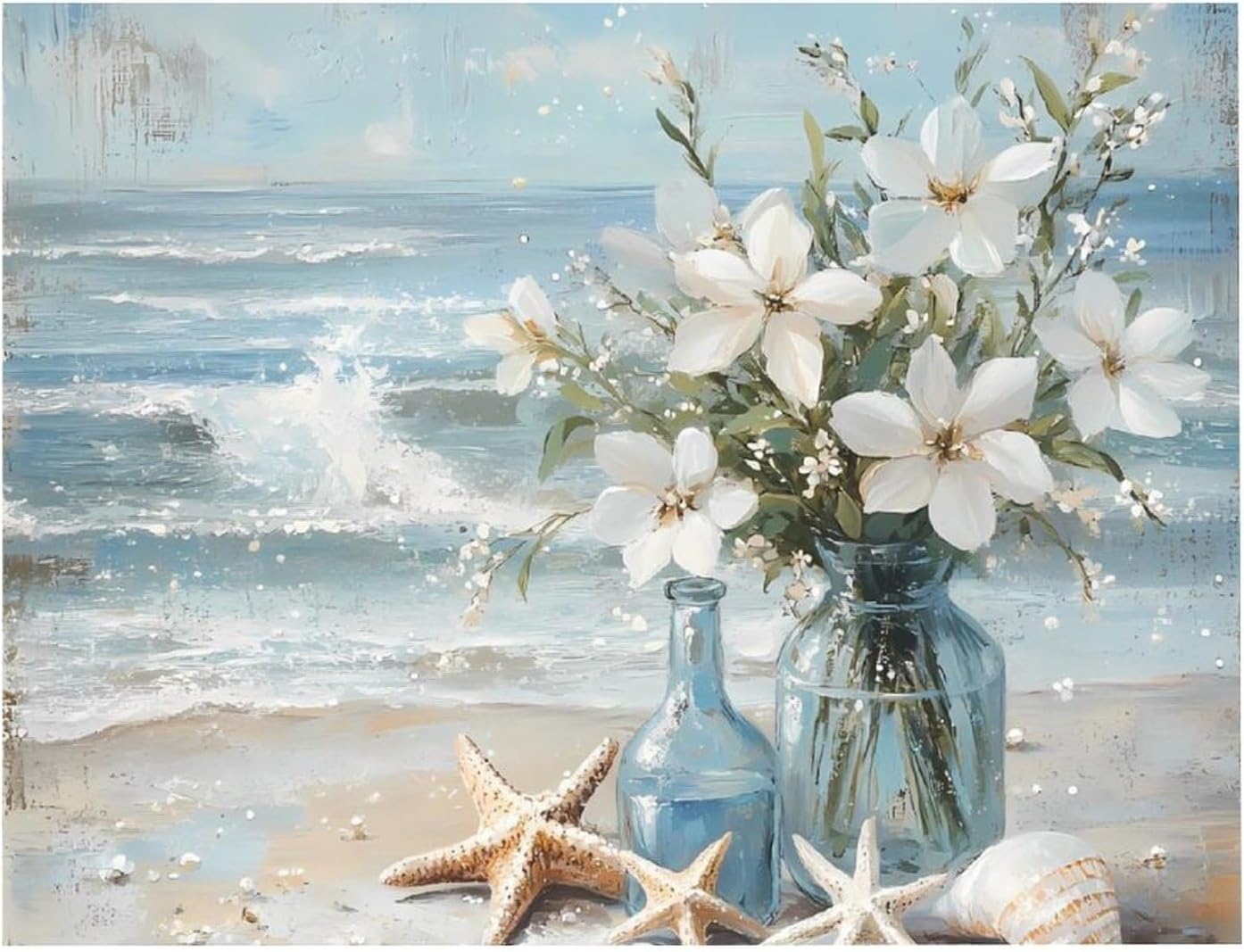 Vintage Seaside Flowers Starfish Shells Printed Diamond 5D Painting Kits DIY Full Drill Crafts for Home Wall Decor 16x20 Inch Blackwood 50 * 40cm