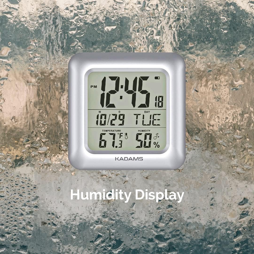 KADAMS Bathroom Digital Clock with Large LCD Screen - Shower Wall Clock with Timer - Water Resistant - Temperature & Humidity Display - Calendar Display - 4 Mounting Options,Silver
