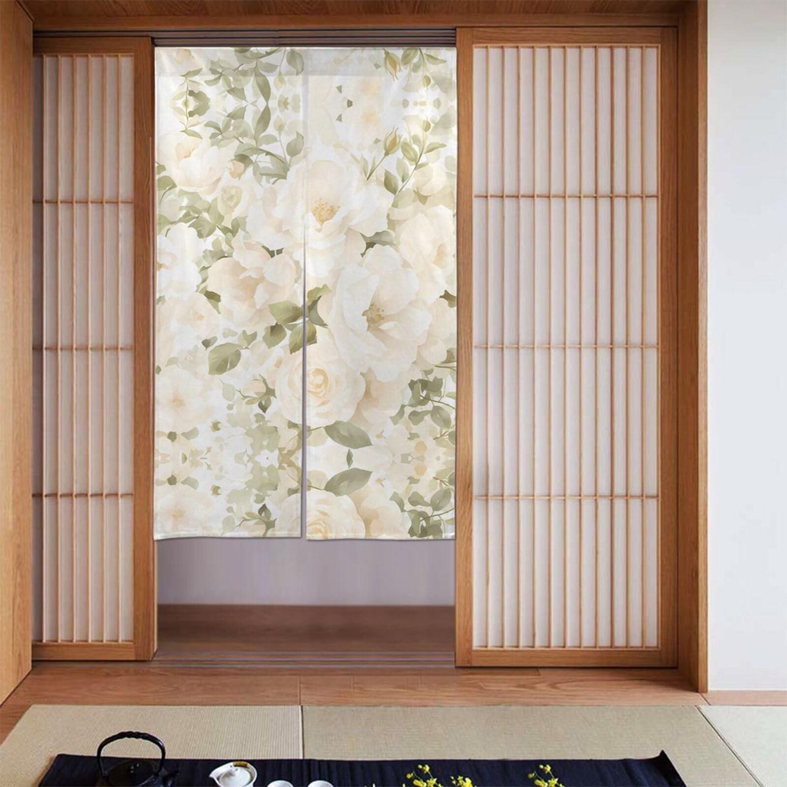 Cortina de cuadros con rosas para separar ambientes y decorar puertas de paso en el hogar