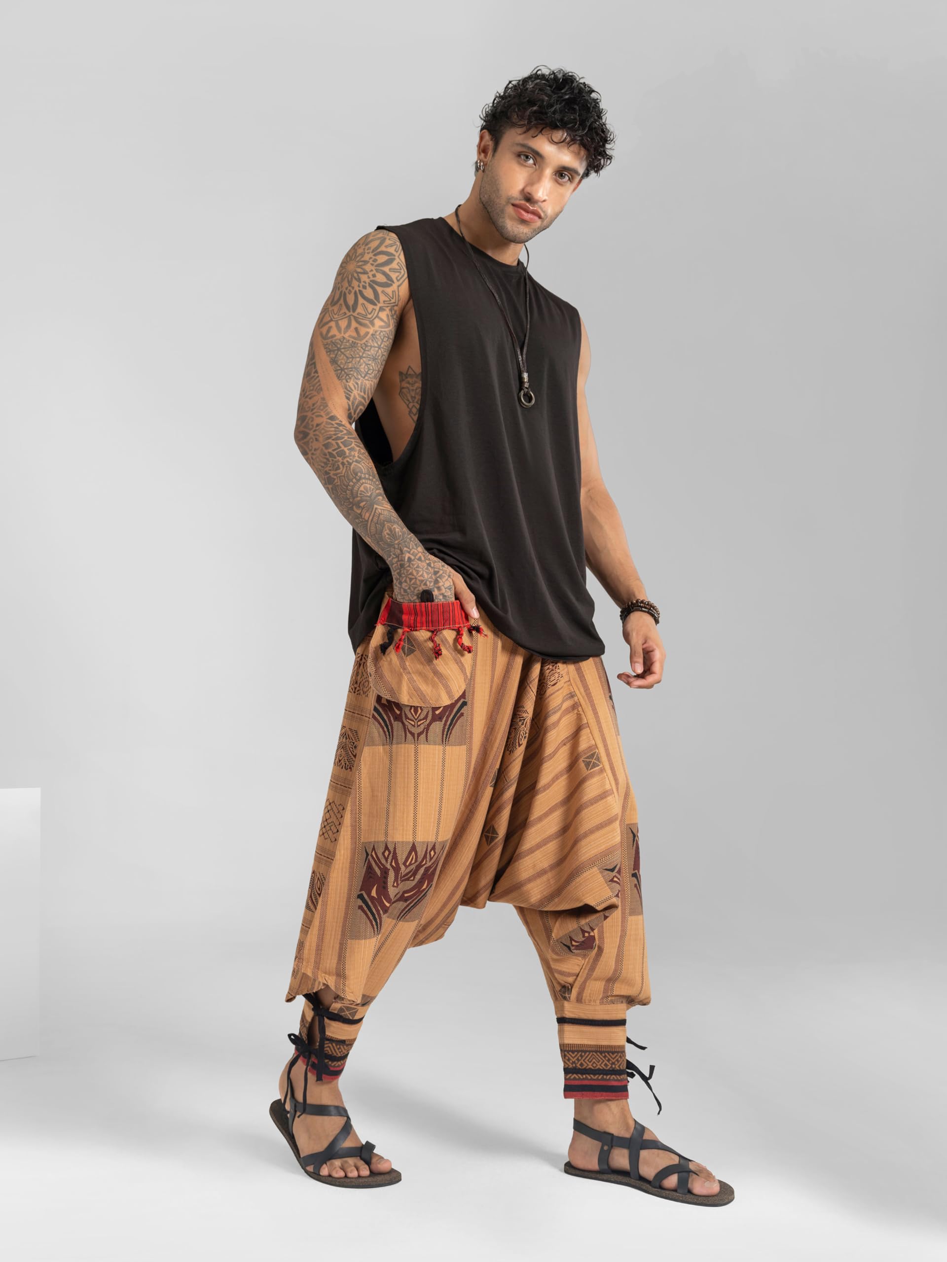 The Veshti Company Boho Harem Pants for Men – Low Crotch Tribal Hippie Trousers with Ethnic Detailing – Cotton Yoga Lounge Festival Wear, Beige, Large Size 2
