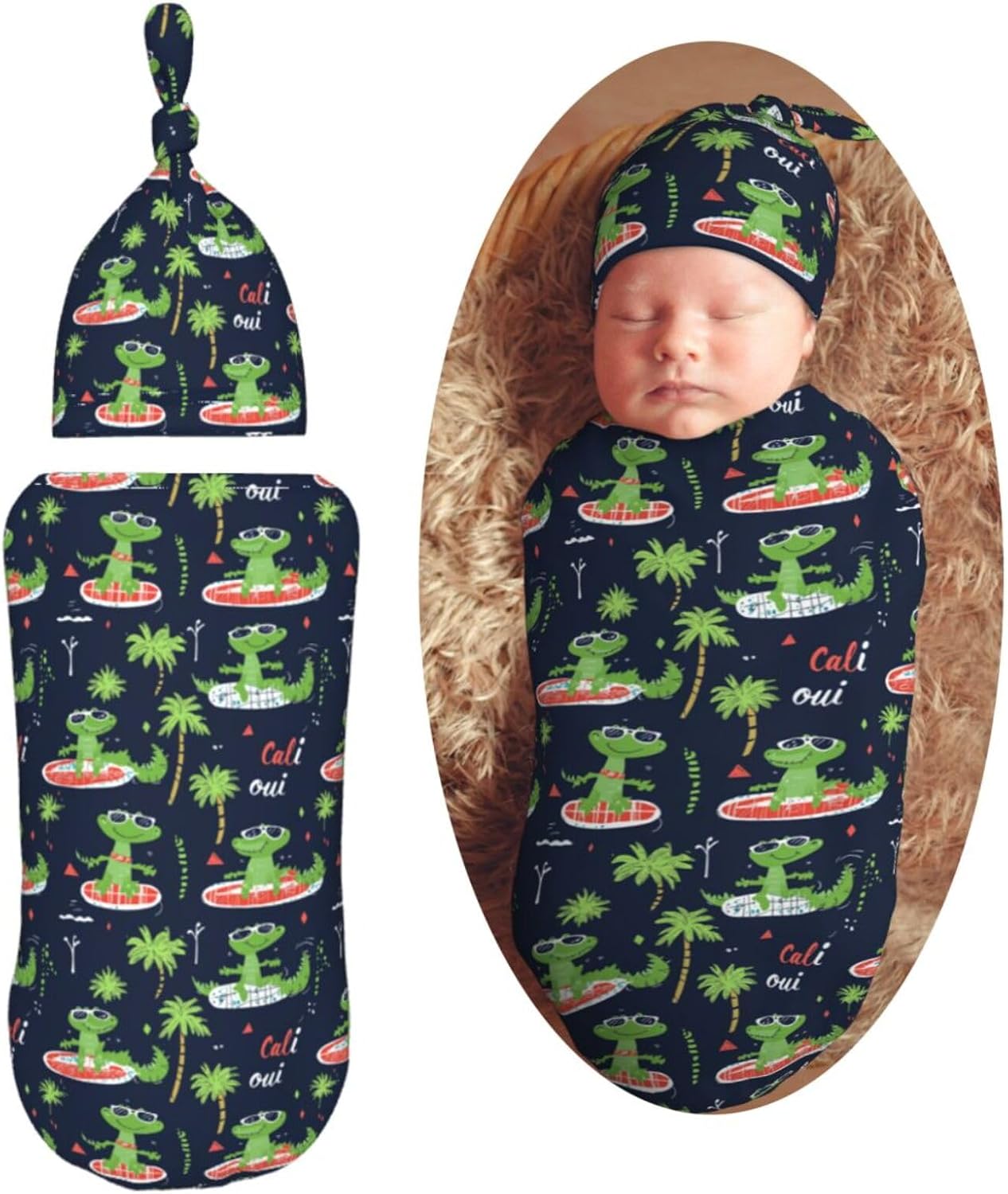 Funny Green Cartoon Crocodiles Newborn Swaddle Blankets Hat Sets Soft Baby Receiving Blanket Swaddle Sack for Baby Shower Infant Boy Girl Gift