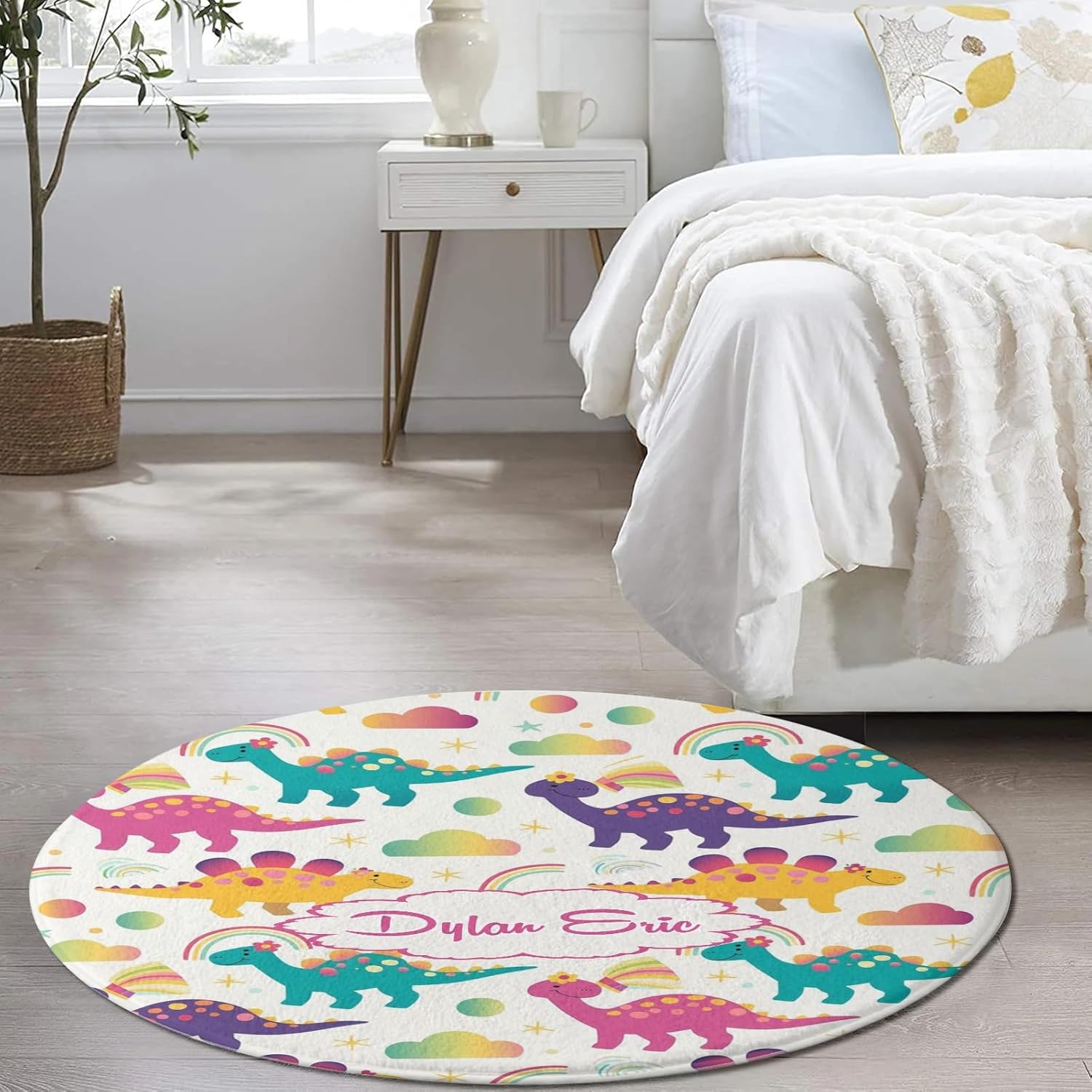 Personalized Dinosaur Custom Round Area Rug Baby Crawling Floor Mats Gifts for Boys Girls Babies with Names Nursery Bedroom Living Room Decor 31.5x31.5Inch