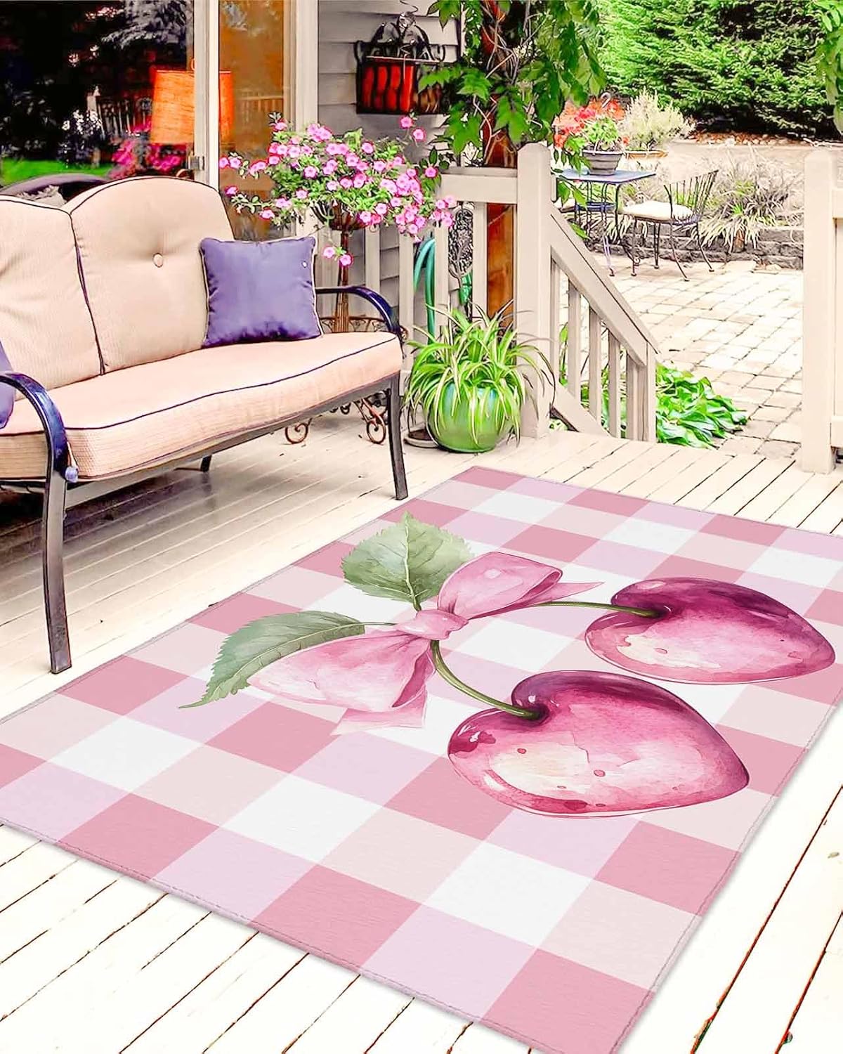 Outdoor Rug 4x6 ft Pink Bow Cherry Outdoor Large Area Rug Non Slip Rubber Pink White Check Washable Front Door Mat RV Rug Camping Carpet Patio Outdoor Rugs for Backyard Balcony Deck Porch Indoor