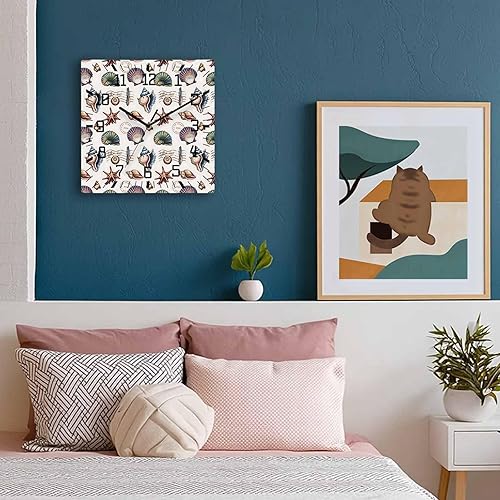 Miniatura 3 de Debedcor Ocean Beach Wooden Wall Clock Silent Non Ticking, Starfish Seashell Conch Black and White Square Wall Clock Battery Operated, Decor Clock