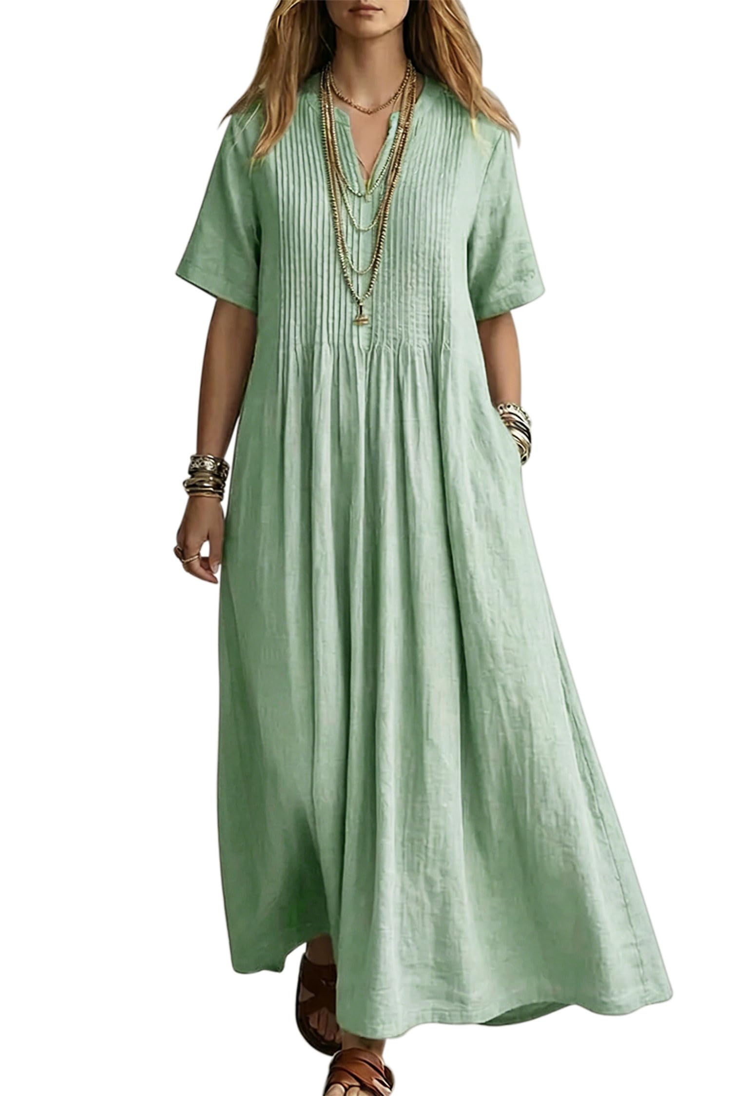 VEVESMUNDO Damen Leinenkleider Baumwolle Sommer Maxikleid