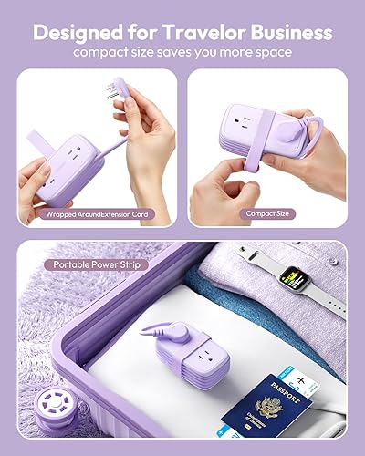 Miniatura 3 de NTONPOWER Regleta de alimentación de viaje morada, esenciales de viaje 4 tomas 3 USB (1 C) con cable de extensión envuelto de 4 pies enchufe plano,