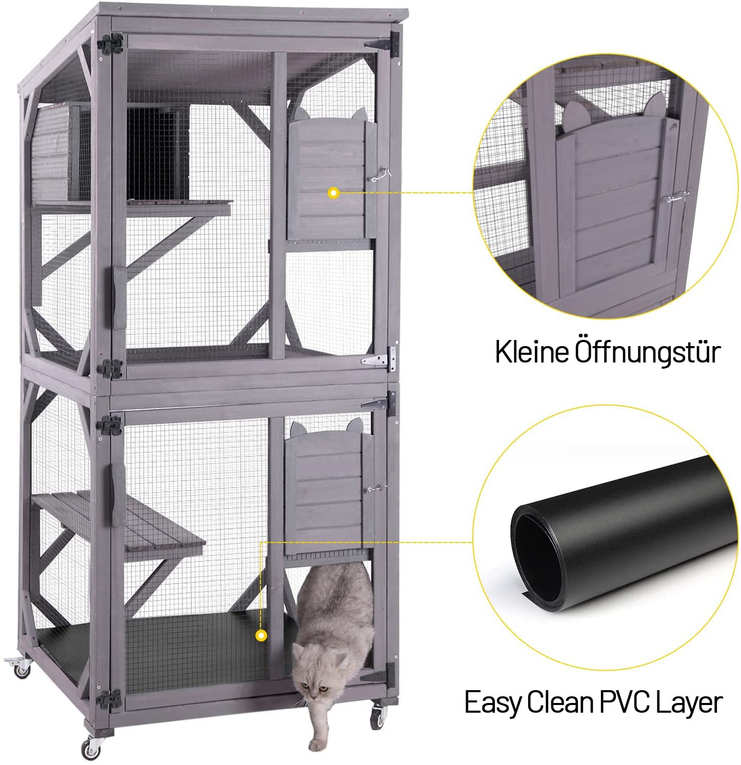 Casa para gatos de madera para uso interior y exterior, gran corral para gatos con ruedas, jaula Catio con tiras de madera reforzadas, techo impermeable