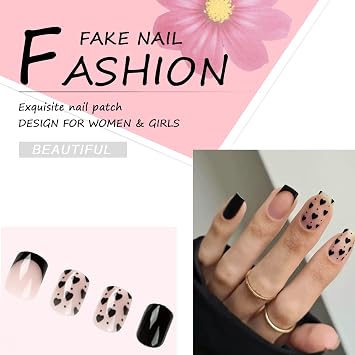 24Pcs Square False Nails Short, Black French Press on Nails with Heart Design, Cute Acrylic Fake Nails Kits Stick on Nail for Women and Girls Nail Art Manicure Decoration