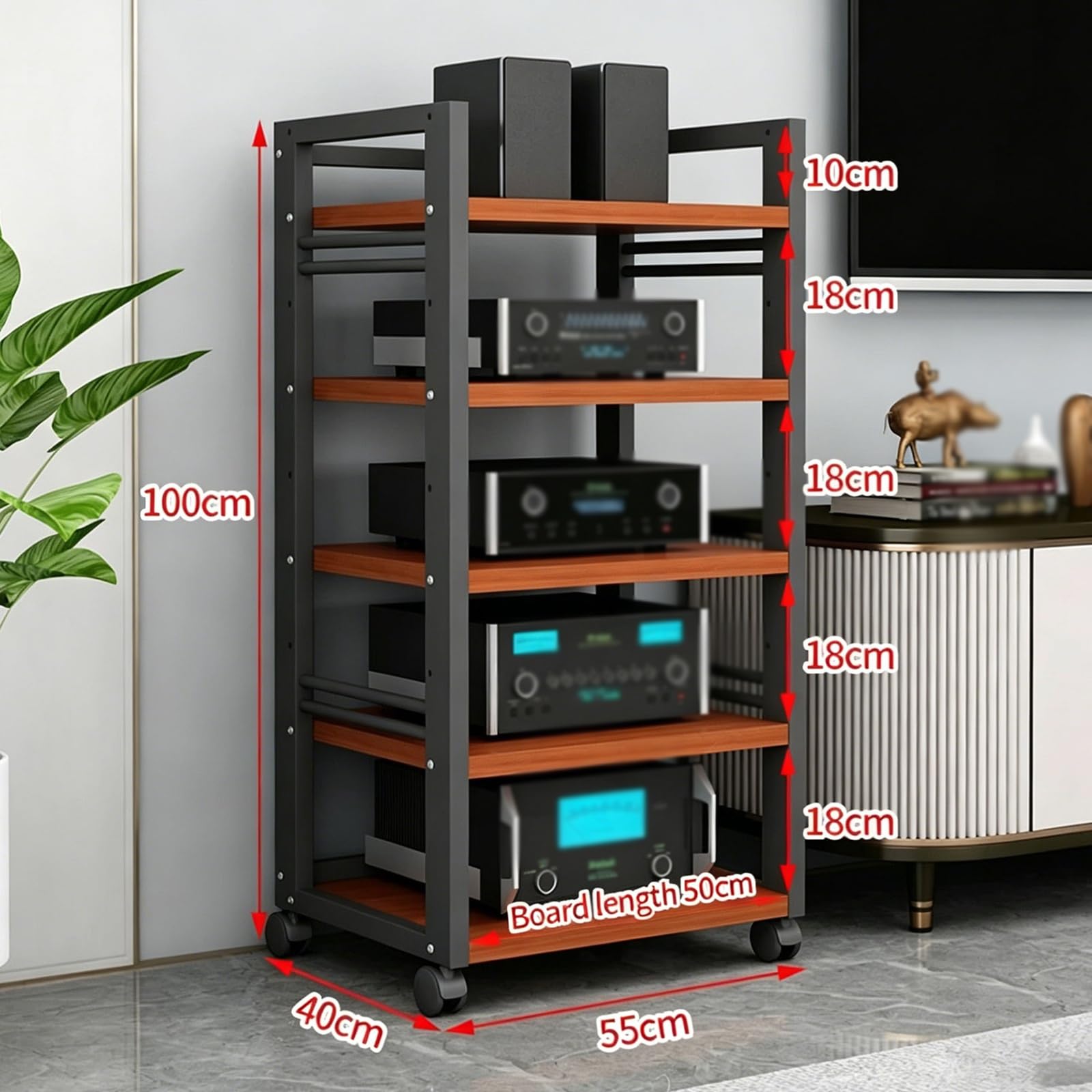 Mobiler 5-stöckiger HiFi Regal,Schallplattenspieler Regal Mit Rollen, Schwerlast Stahl AV-Rack,phonoschrank Für Verstärker, Receiver, Lautsprecher,Plattenspieler(Teak)