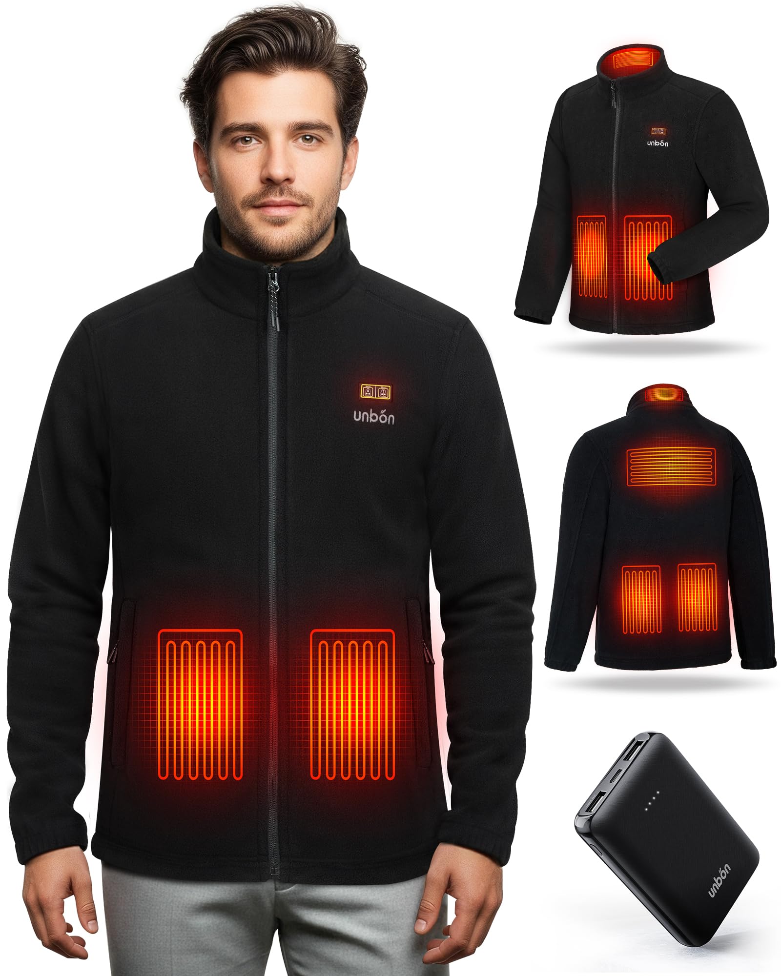 UNBON Veste Chauffante Homme, Veste Polaire Chauffante Homme avec Batterie USB 10000mAH, Manteau Chauffant 3 Températures 6 Zones de Chauffe, Blouson Chauffant Manche Longue pour Moto Travail