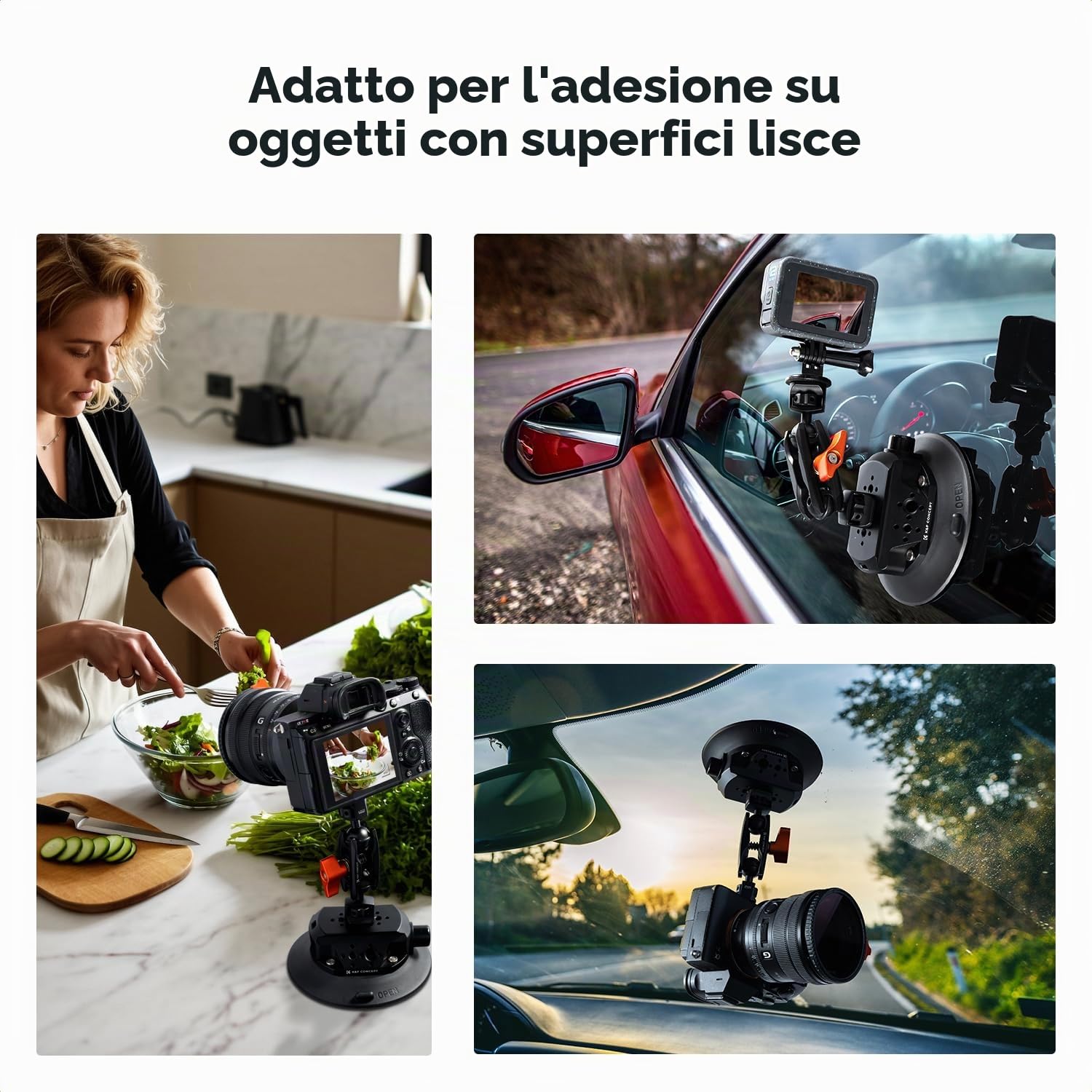 K&F CONCEPT Ventosa 4,5" con Braccio Magico Doppia Sfera - MS45 | Supporto fotocamera auto con supporto telefono e adattatore GoPro, attacchi 1/4" e 3/8" per parabrezza e superfici lisce