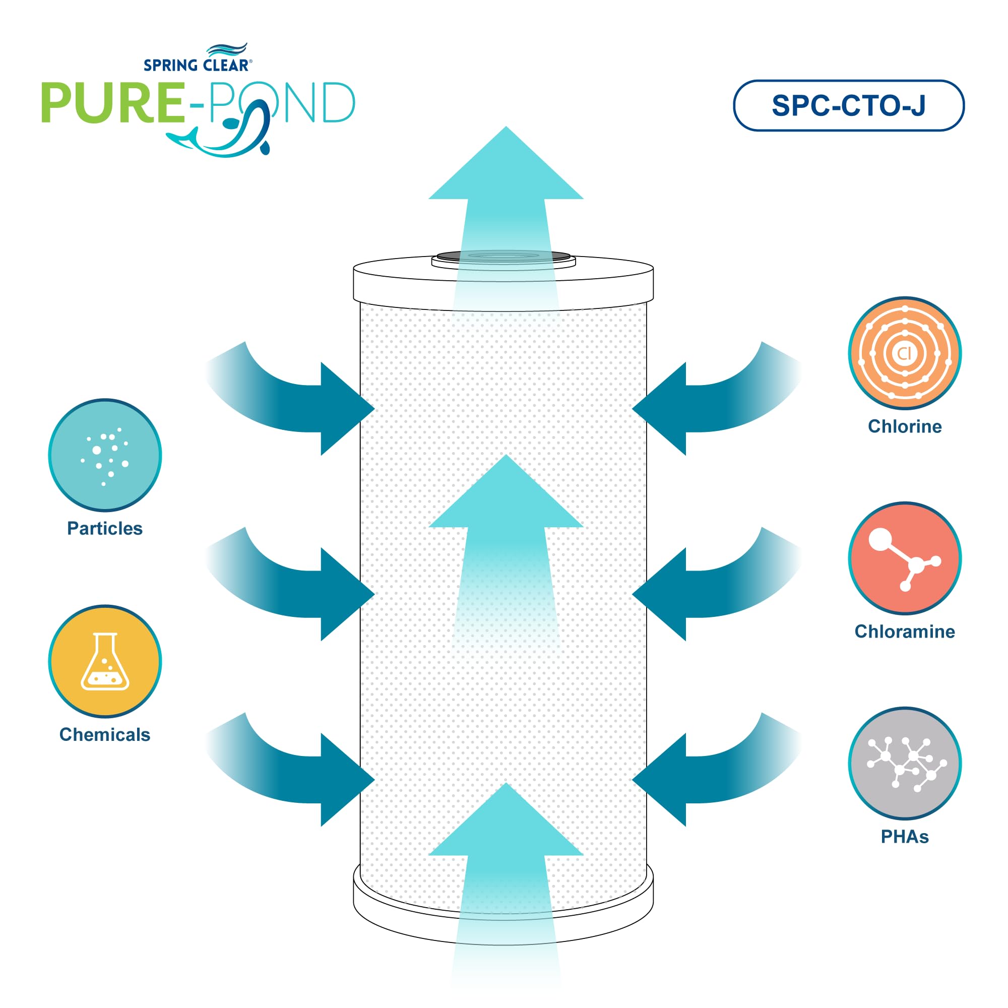 Spring Clear Pure Pond - Sistema di filtraggio dell'acqua ad alta capacità per laghetti, riduce cloro, sostanze chimiche e PHA, porte standard da 2,5 cm, include chiave, staffa e raccordi per tubi
