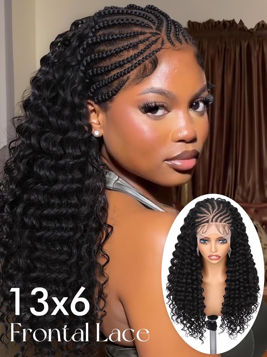 Lady Miranda 22 Inch Cornrow Wig 13x6 HD Lace Braided Wigs for Black Women Handmade 15 Strands Pre Braids Synthetic Braided Wig with Curly Hair (NB, 22 Inch)