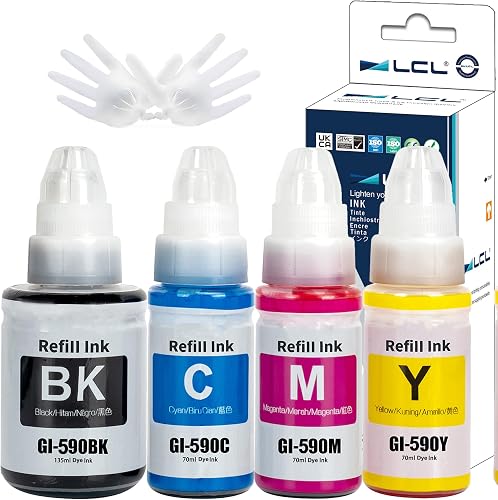 LCL Ink Bottle GI-490 GI-590 GI-590BK GI-590C GI-590M GI-590Y | (4PK Black 135ML, CMY 70ML) Replacement for Canon Pixma G1400 G1410 G2400 G2410 G3400 G4400 G4411 G1500 G1510 G2500