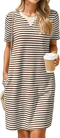 Glamaker Women Summer Tshirt Shift Dress Casual Striped Short Sleeve Crew Neck Knee Length Comfy Dress with Pockets