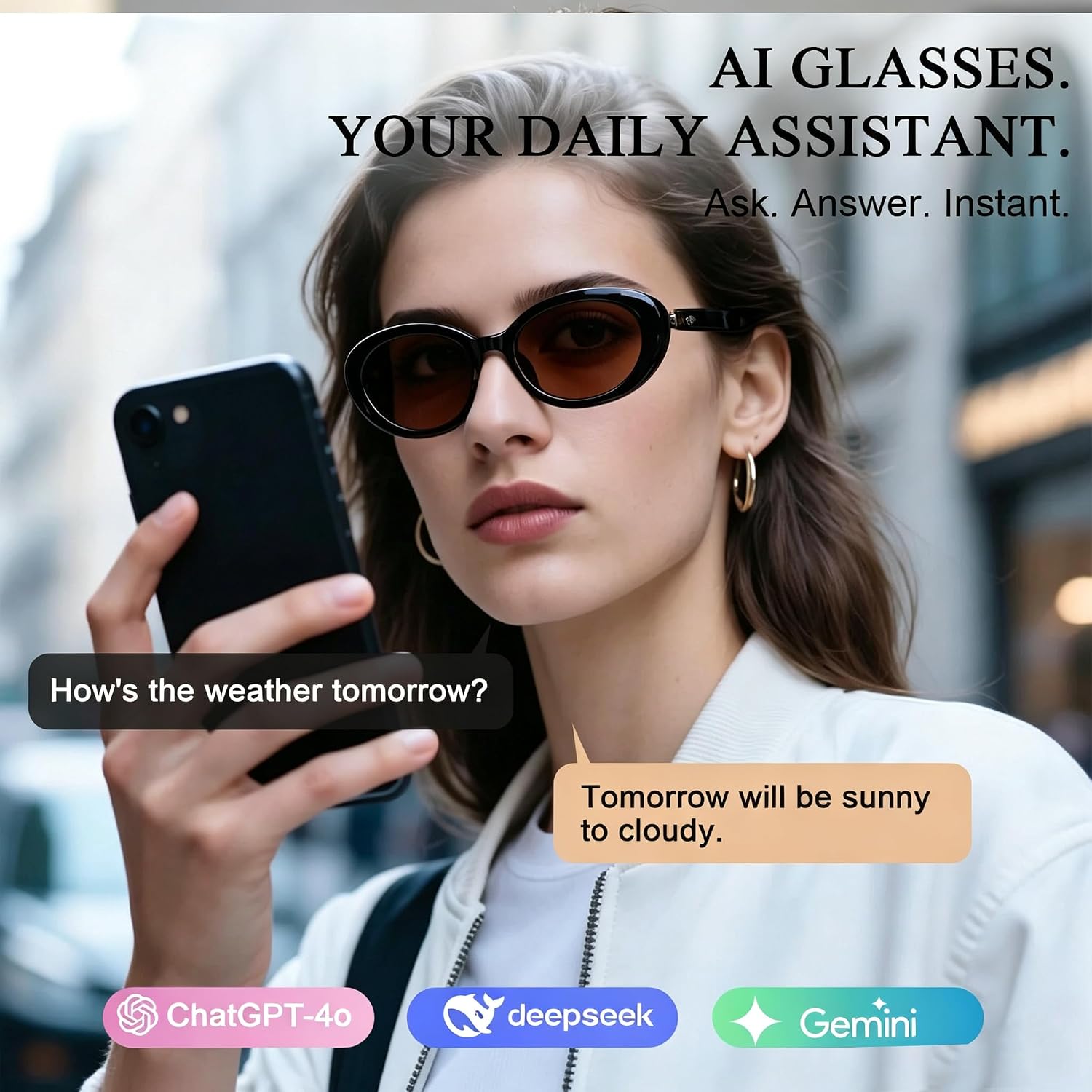 AI Smart Glasses, Fashion Bluetooth Sunglasses Cat Eye Frame Thin Temples