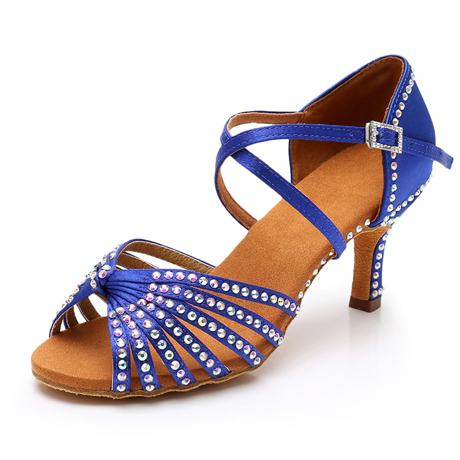 Nowe buty do tańca latynoskiego z diamentową wkładką dla kobiet dorosłych na środkowym obcasie miękka podeszwa buty do tańca wysokie obcasy z diamentowymi butami do tańca Cha-cha, A437 niebieski obcas