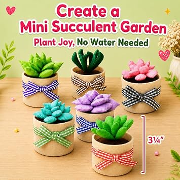Felt Succulents Craft Kit. Make 6 Potted Colorful Plushies & A Display Rack. Mini Garden DIY Sewing Project, Activity Set, Arts & Crafts Supplies - Great Gift for Teens and Adults