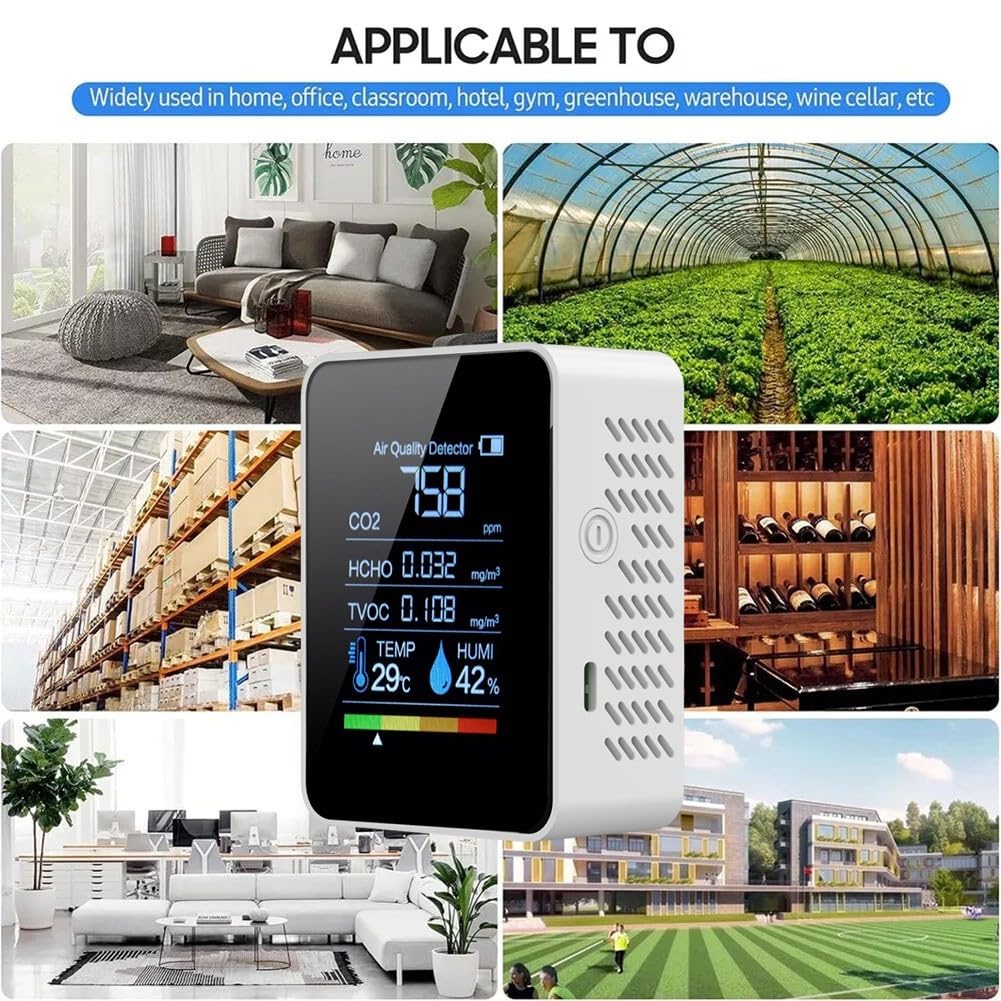 Détecteur de dioxyde de carbone 5 en 1, compteur de qualité de l'air, kit de test d'air, température et humidité, moniteur de dioxyde de carbone HCHO TVOC pour la maison et l'intérieur