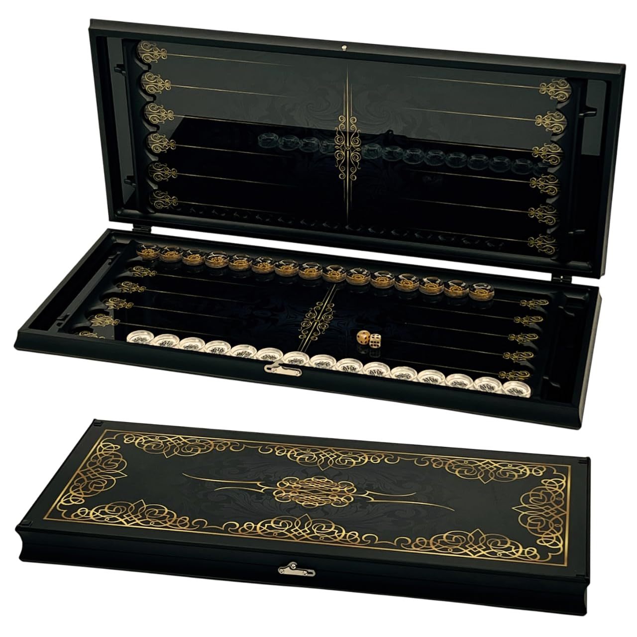 Backgammon - Jeu de société de luxe en verre - Obsidienne et or - Édition baroque - Jeu de société de luxe avec verre trempé et cadre en aluminium - Coffret - 61 x 54 cm