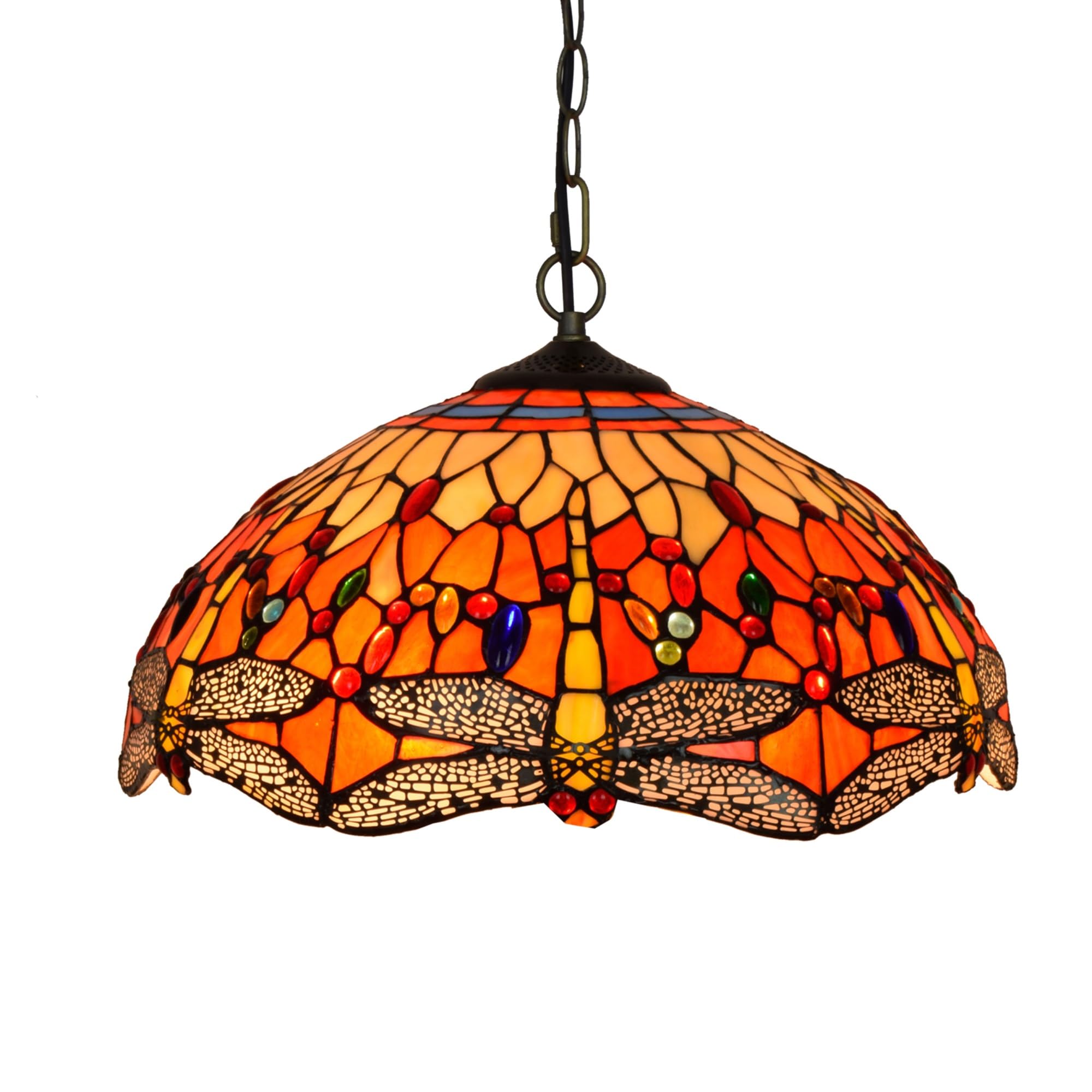 HJRegaFimu 16 Inches Lamp Stained Glass Ceiling Pendant Light Vintage Deco Red Dragonfly Hanging Chandelier For Bedroom Kitchen Island Dining Living Room Corridor