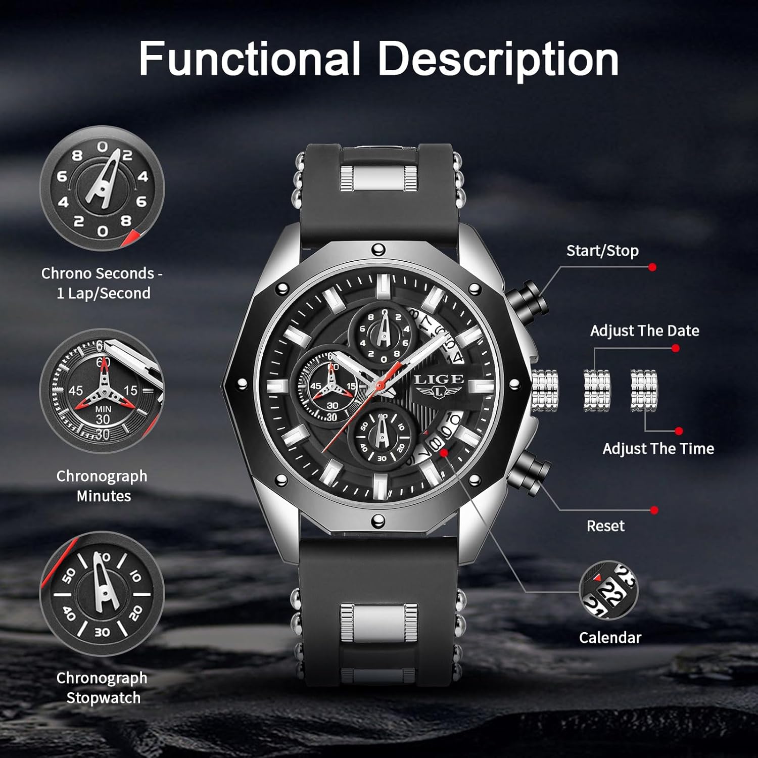 Diagram of LIGE LG8908 watch components and functions