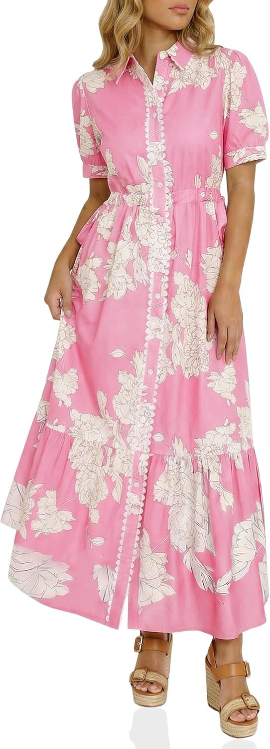 Wenrine Womens Casual Shirt Dress Floral Collared Short Sleeve Button Down Drawstring Waist Loose Summer Maxi Dresses