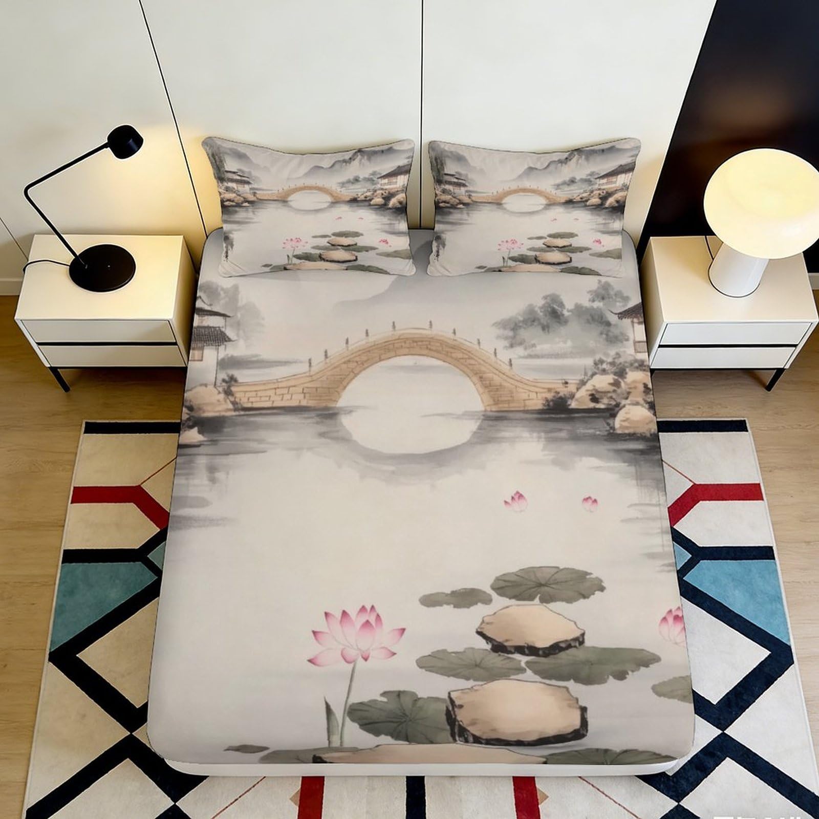 3D Printed Lotus Pond Fitted Sheet Microfiber Deep Pocket Non-Slip Bedroom Bedding Lotus Mattress Fitted Cover for Adults 180x200x25cm