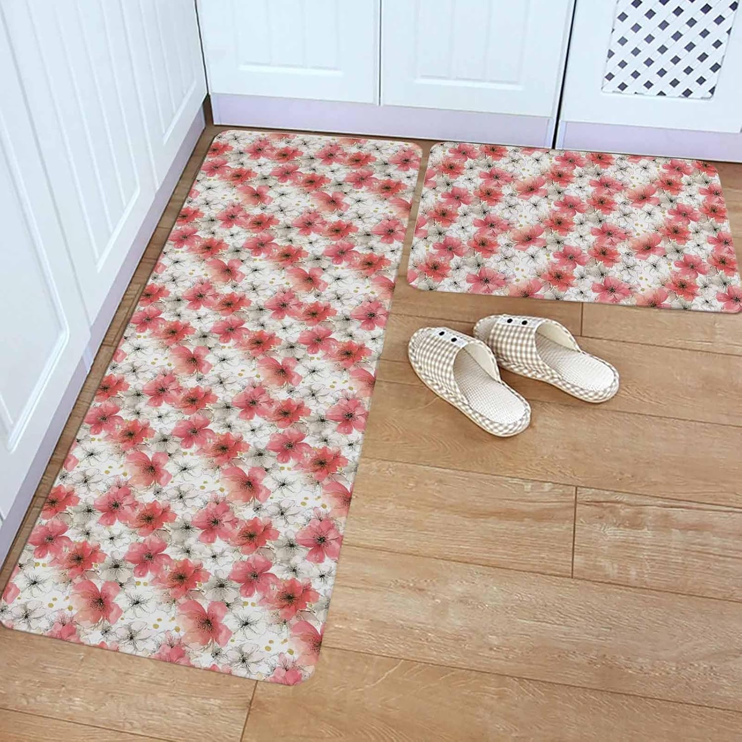 Spring Flowers Kitchen Rugs and Mats Set of 2, Non-Slip Kitchen Sink Mat, Farmhouse Chinese Pink White Floral Washable Doormat Bathroom Rugs Runner for Bedroom/Living Room 23.6"x35.4"+23.6"x70.9"