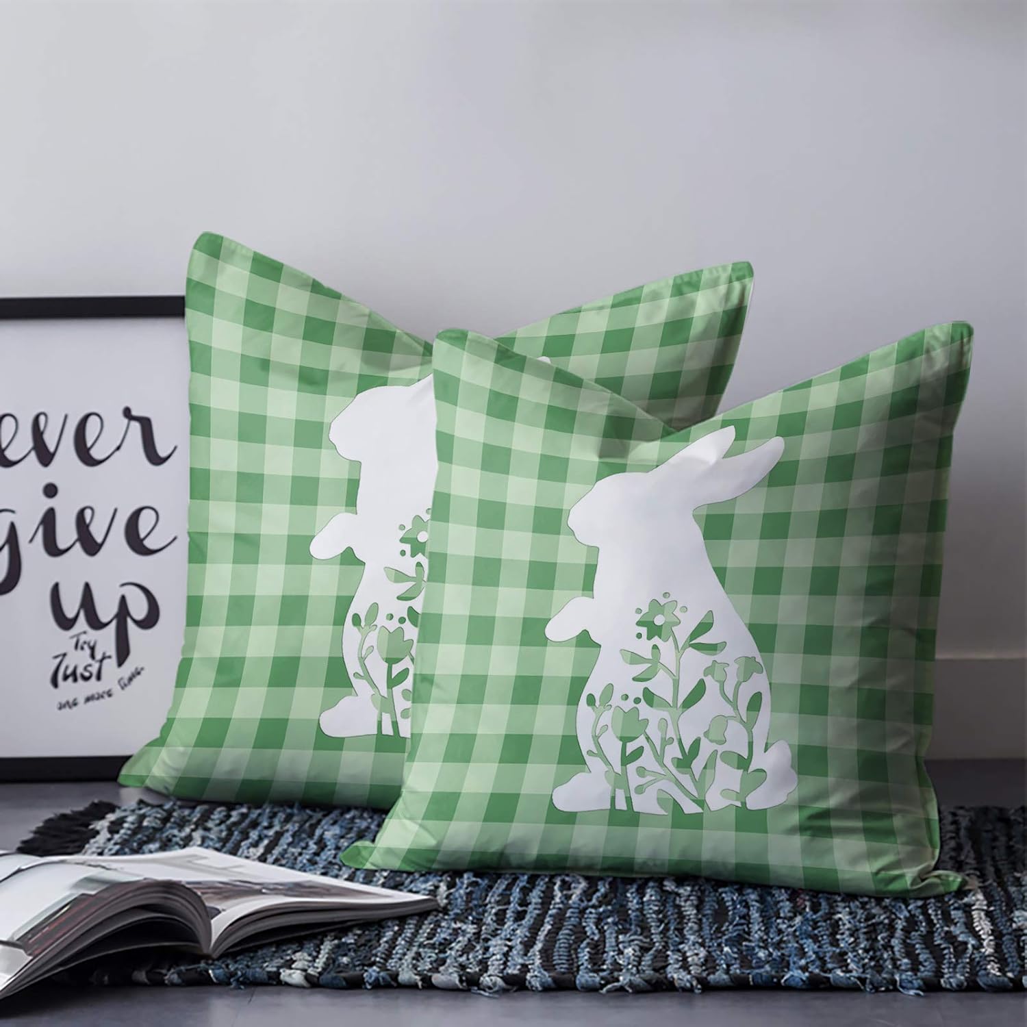 Throw Pillow Covers 18 x 18 Inches Set of 2 Happy Easter White Lovely Bunny Green Buffalo Check Plaid Farmhouse Decorations Cushion Pillow Cover Zippered Square Pillowcase for Sofa Couch Chair