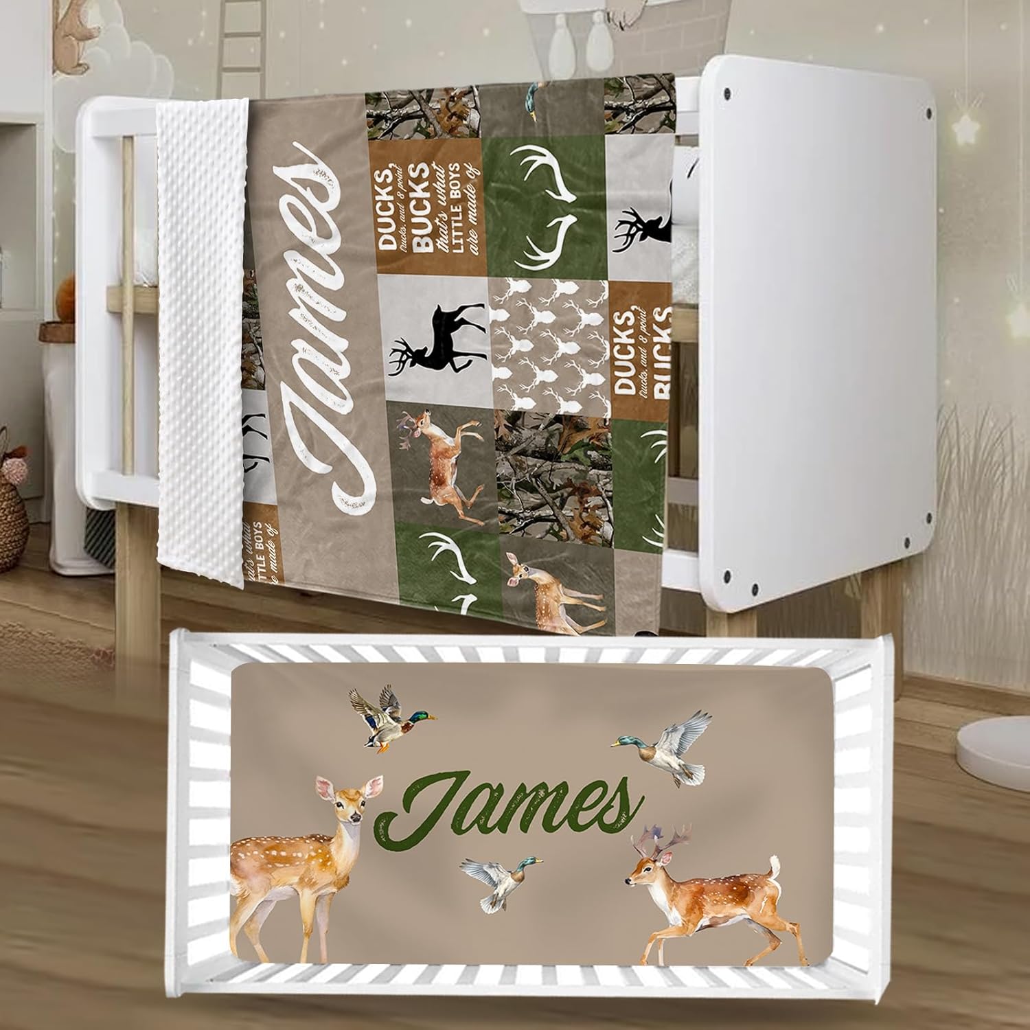 Personalized Crib Bedding Set for Boys Girls, Custom Baby Crib Sets with Name, Multi-grid Deer Design Nursery Bedding 2 Piece - Soft Blanket with Double Layer Dotted Backing, Crib Fitted Sheet