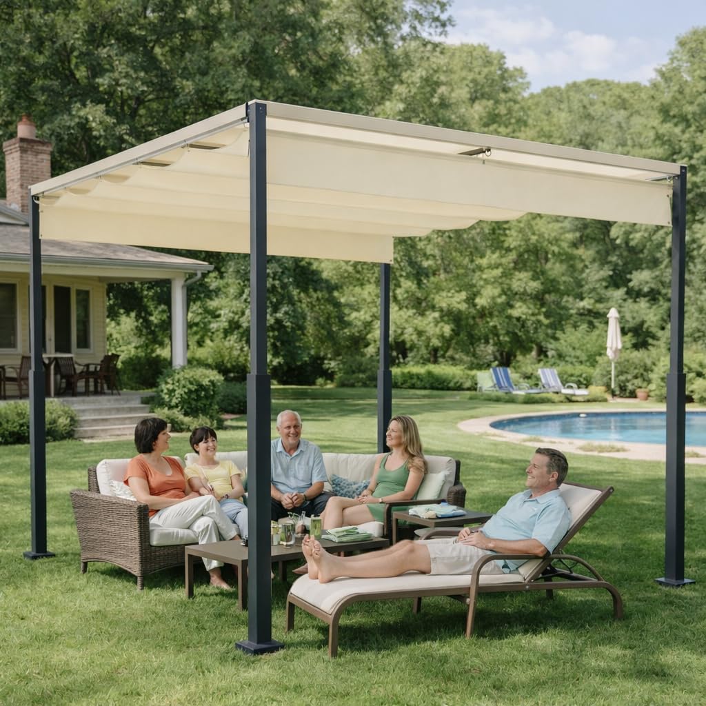 Gazebo 3 x 4 m, beige, pergola in alluminio con tetto apribile, impermeabile UV30+, telaio in metallo stabile 5 cm, parasole regolabile per giardino, terrazza