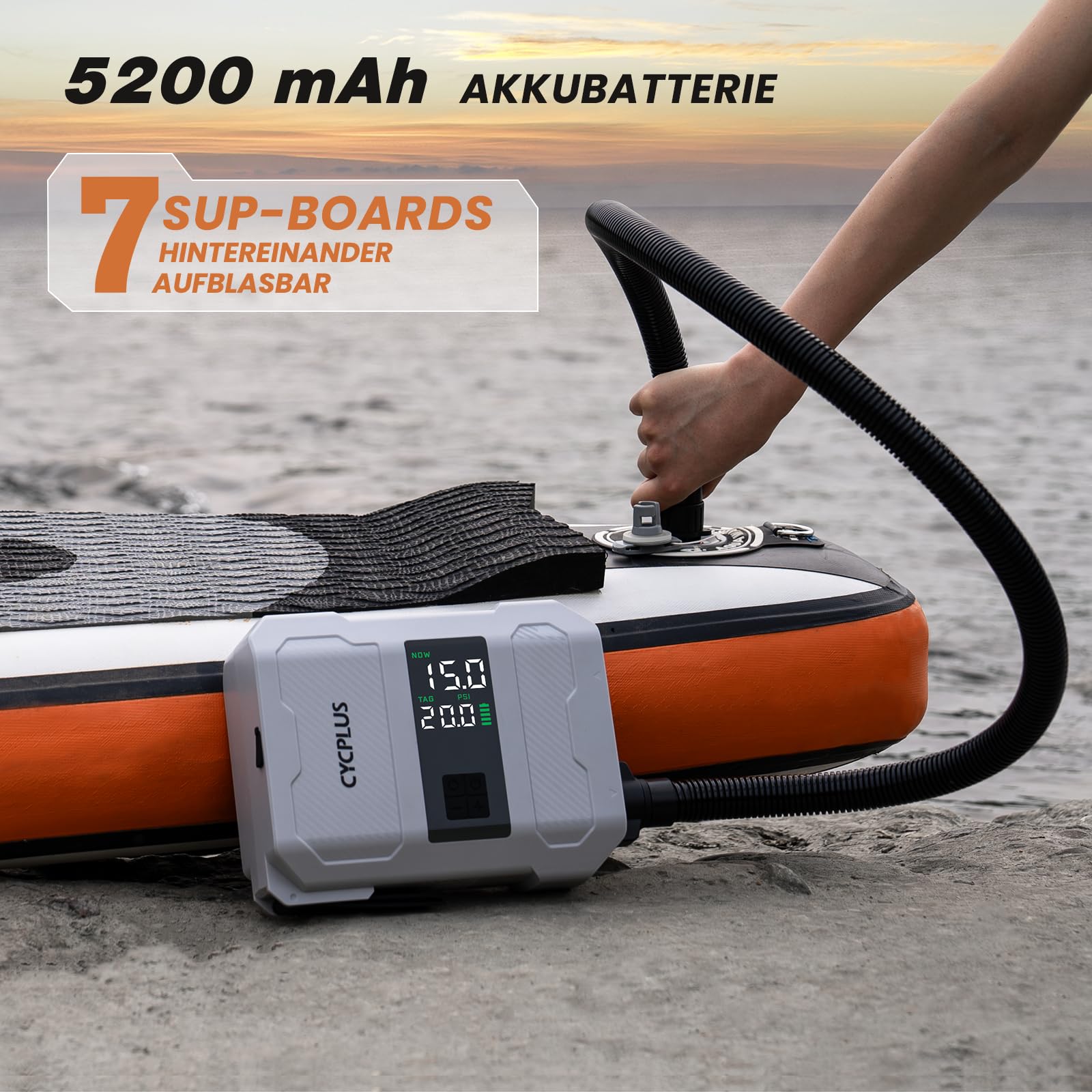 CYCPLUS SUP Pumpe, 20PSI, 5200mAh Akku, Aufpumpen & Ablassen | Zwei-Stufen-Aufpumpen, Auto-Stopp & Doppel-LED-Anzeige, für SUP Board Schlauchboot Zelt Matratze