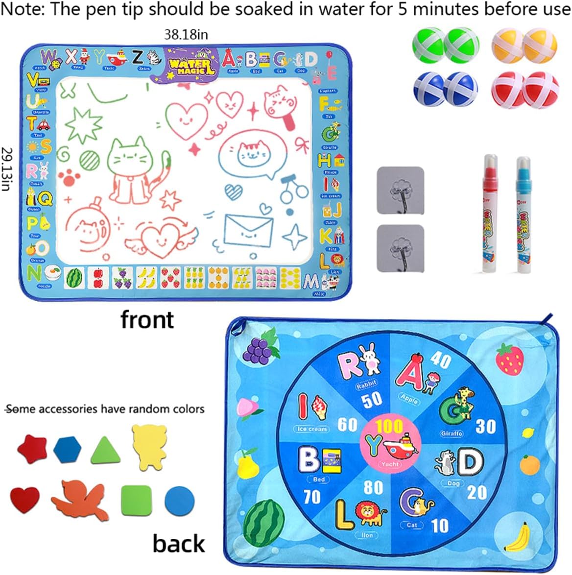 Double-Sided Kids Aqua Doodle Mat: Reversible Water Canvas for Mess-Free Painting & Sticky Ball Games, with Markers & 8 Stencils - Educational Toy for 3-6 Year Olds, Perfect Birthday/Christmas Gift