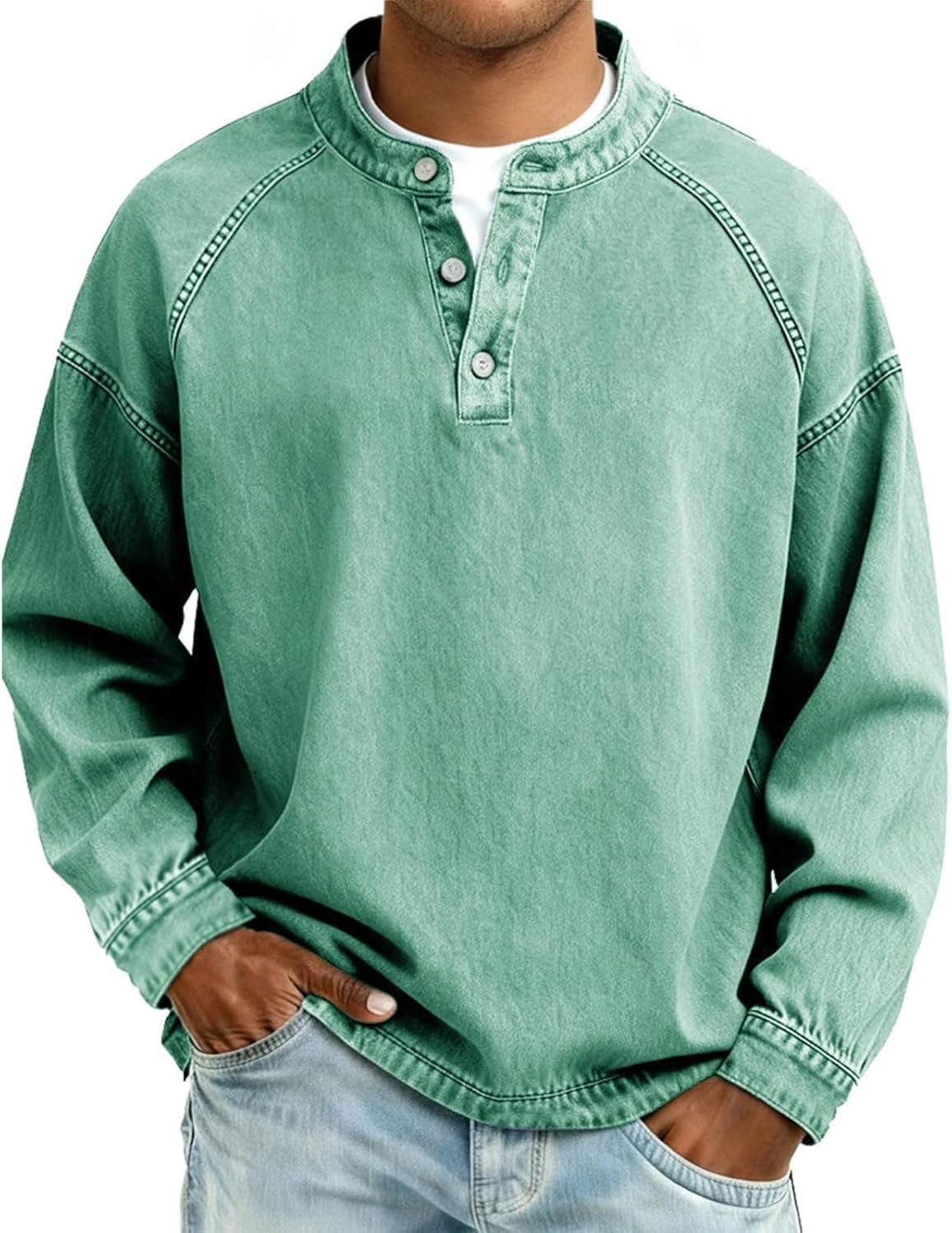 Men’s Vintage Henley Long Sleeve Shirt, Washed Cotton Blend Pullover with Button Placket, Casual Solid Color Stand Collar Top