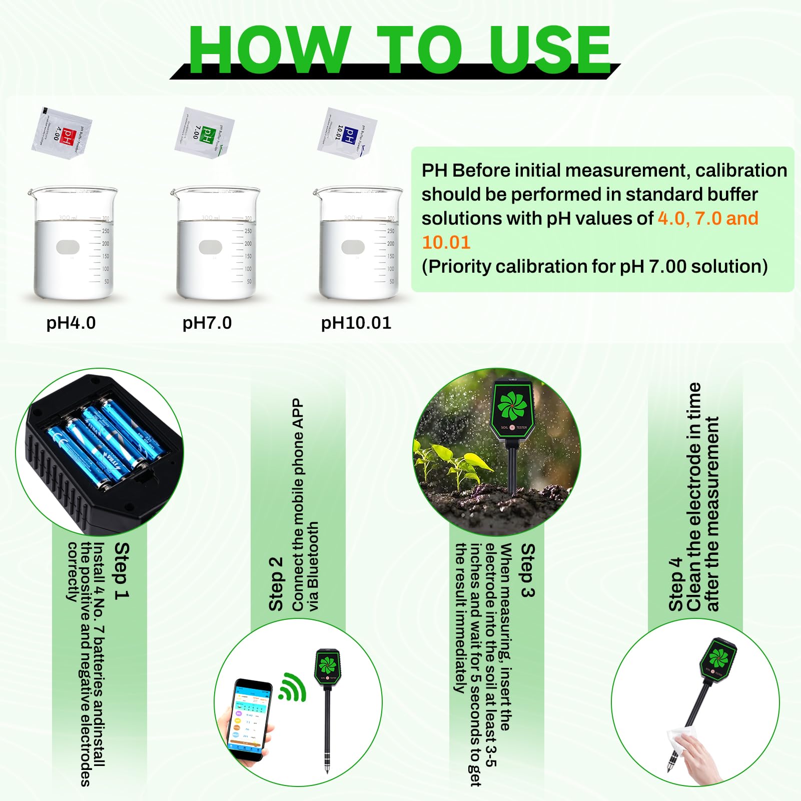 8 In1 Testeur ph Sol Testeur humidité Plante Hygrometre Plante PH/EC/salinité/fertilité/température de l'air/température du Sol/lumière/humidité du Sol Se connecte à l'application Mobile.