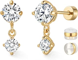 ASHINE 14K Gold Plated Dangle Flat Back Earrings | Sterling Silver Posts Dainty Double Stone Multi-Shape Earring | Tragus Cartilage Piercing Jewelry for Women