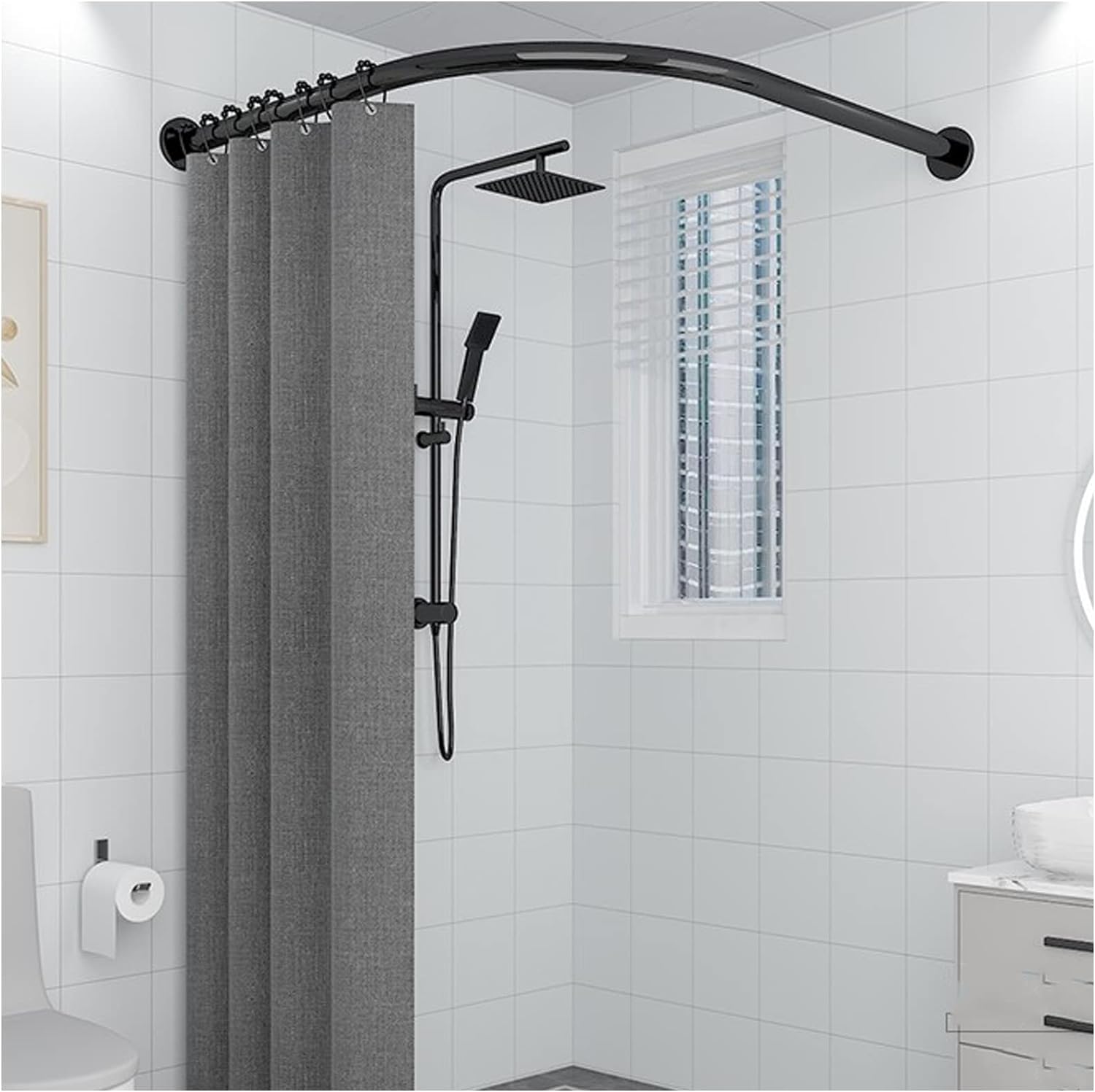 Shower Curtain Rod Rack, Curved Shower Rod, Stretchable Corner Shower Curtain Rod Rack 304 Stainless L Shaped Adjustable Drill Free/Drill Install for Bathroom, Clothing Store, Private Space (Size :