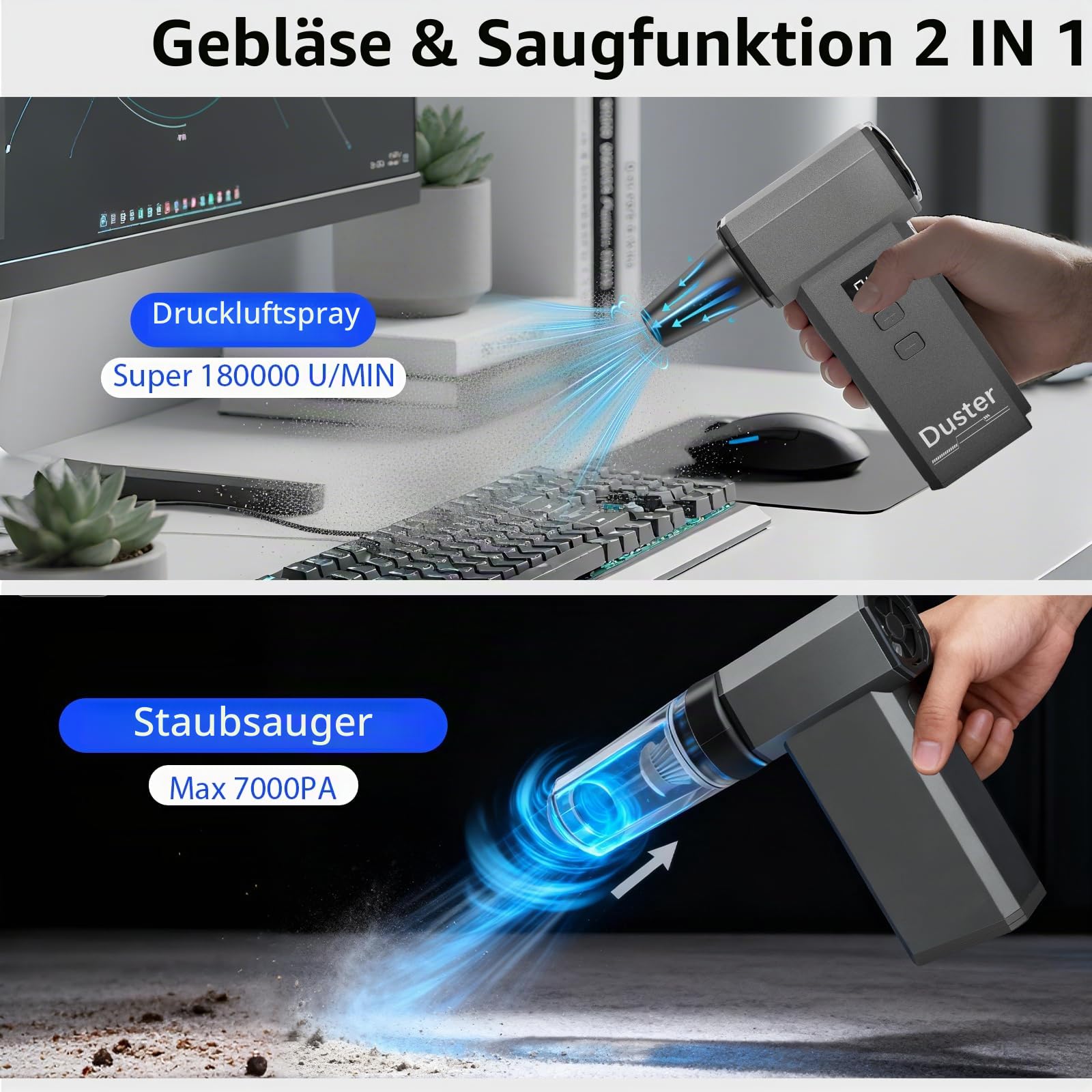 2-in-1 Elektrische Staubgebläse & Mini Staubsauger - 180000 U/min Druckluftspray mit Turboleistung 100-Stufen Compressed Air Duster mit LED Display 8000mAh Akku Gebläse für PC Tastatur Auto (02)