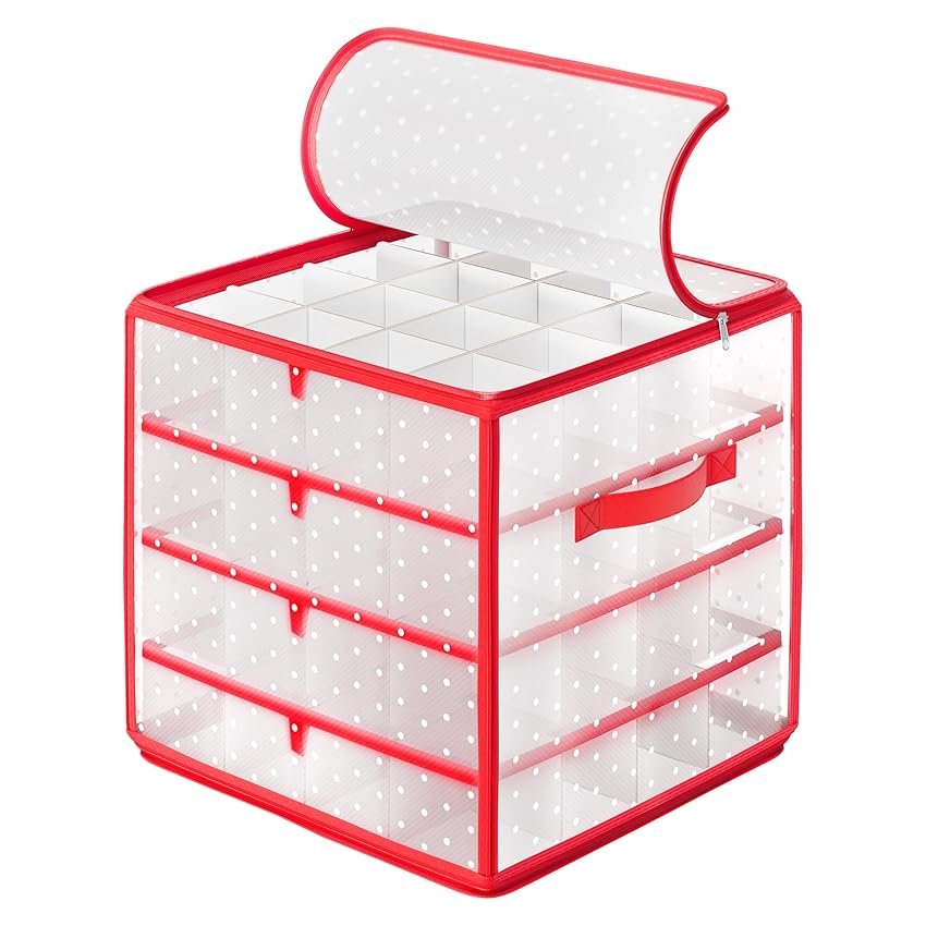 Immagine del prodotto SONGMICS Contenitore per Palline di Natale, Scatola per Decorazioni Natalizie, 64 Posti da 7,6 cm, Vassoi Rimovibili, 33,5 x 33,5 x 34 cm, Rosso Ciliegia RFB029T03